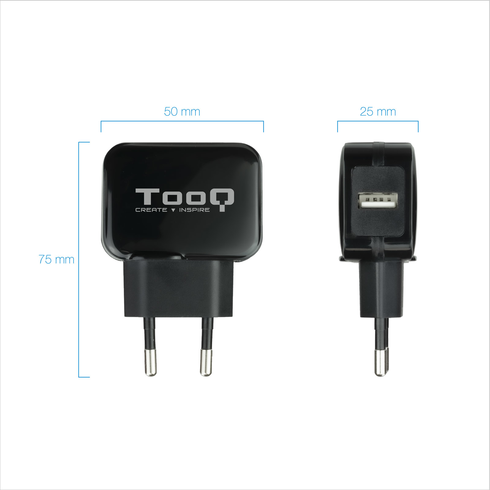 Dos cargadores negros Tooq, uno con clavijas, otro con puerto USB, sobre fondo blanco, con dimensiones.