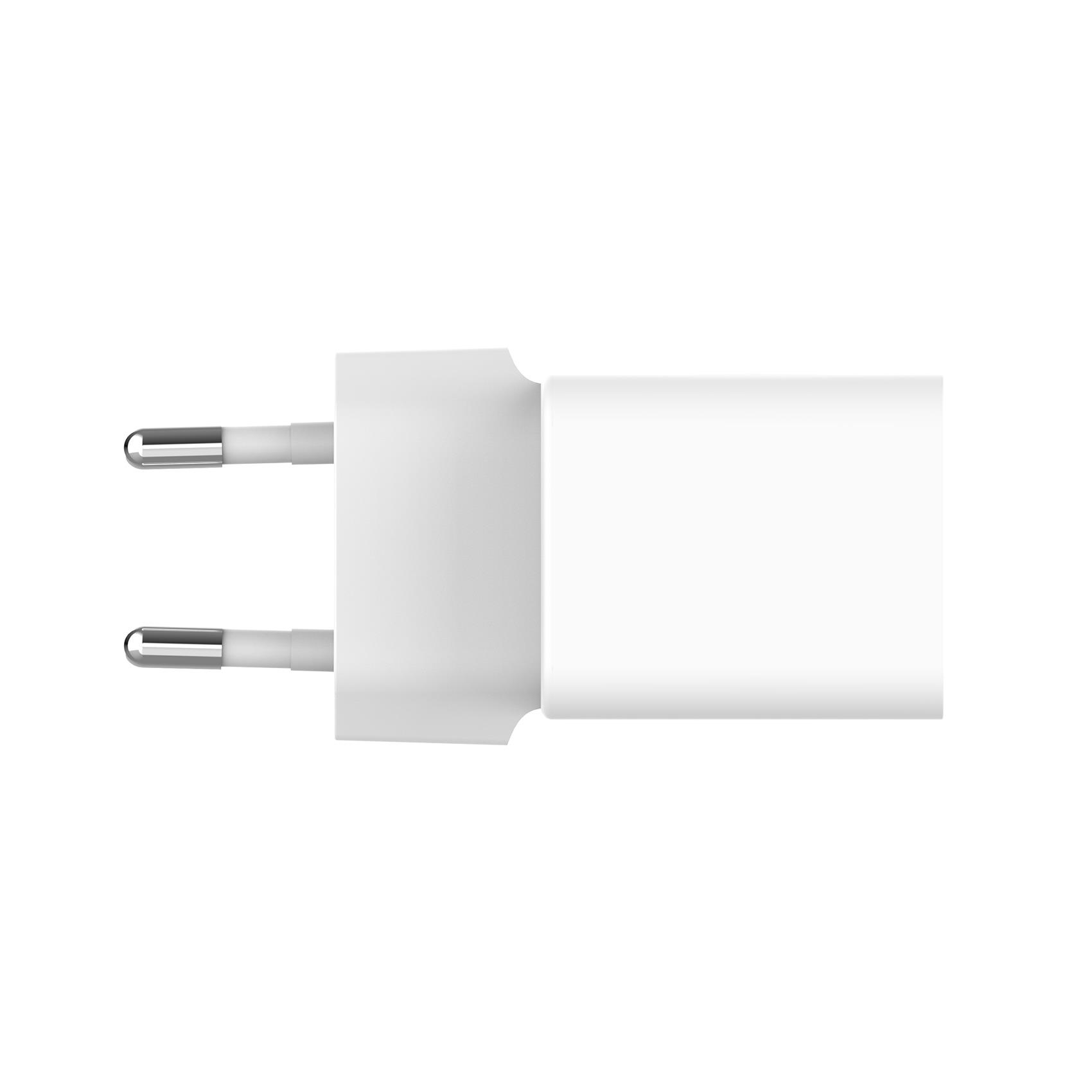Ein weißer Netzadapter mit zwei silbernen Stiften. Er befindet sich auf weißem Hintergrund. Der Adapter ist rechteckig.