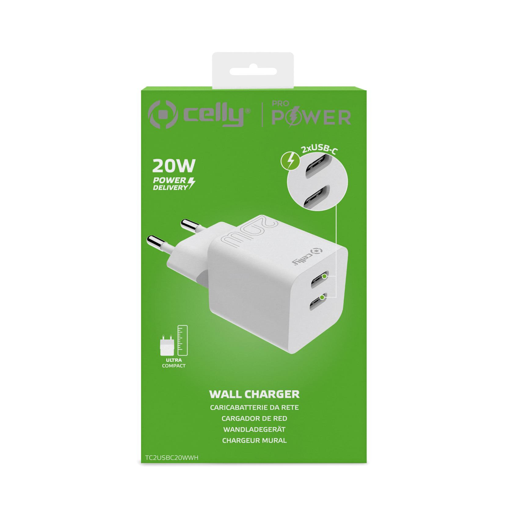 Ein weißes Celly 20W USB-C-Wandladegerät auf grünem Hintergrund. Mit 2 USB-C-Anschlüssen und einem Stecker.