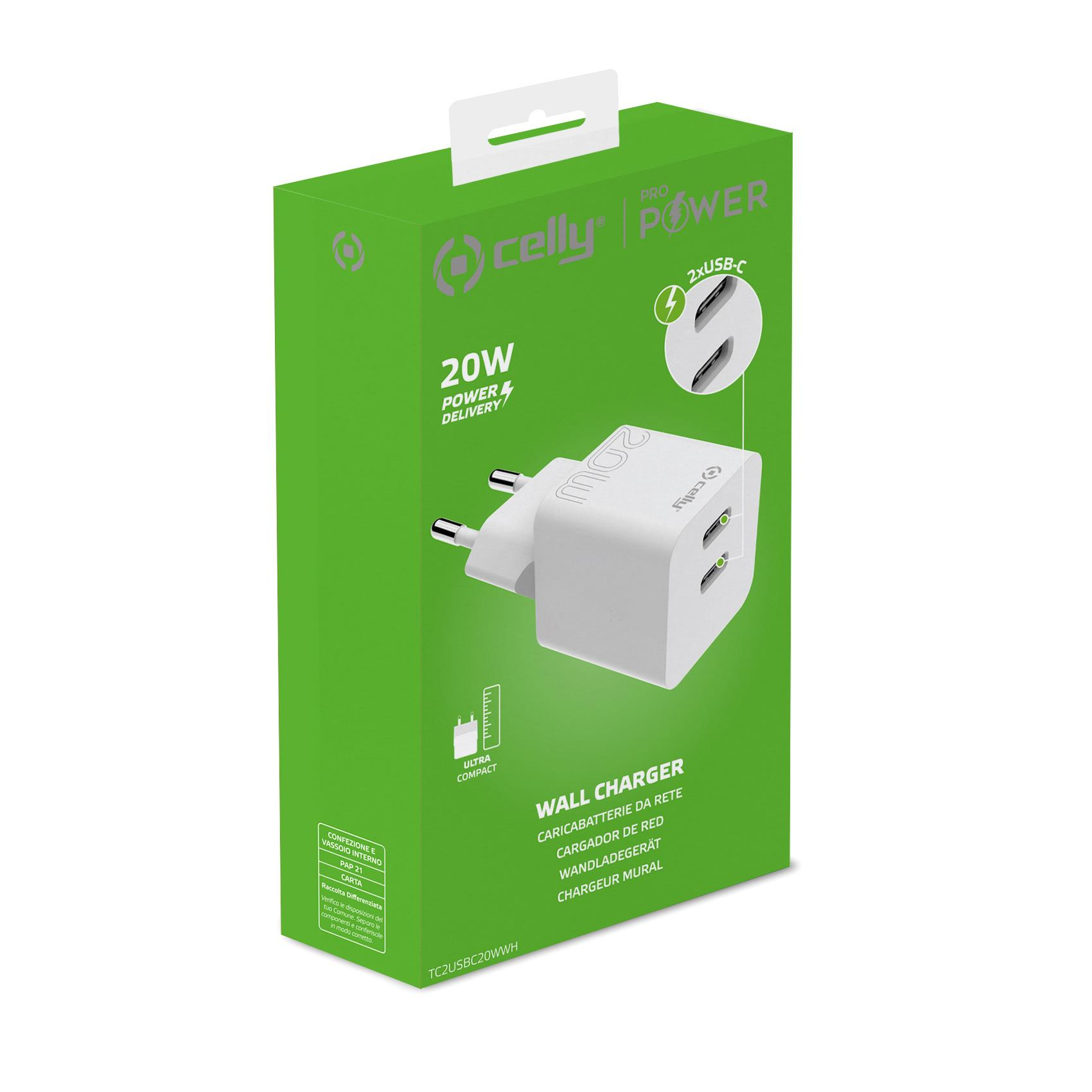Eine grüne Box mit einem weißen Ladegerät und Text. Das Ladegerät hat 20W, Power Delivery und 2xUSB-C Anschlüsse.