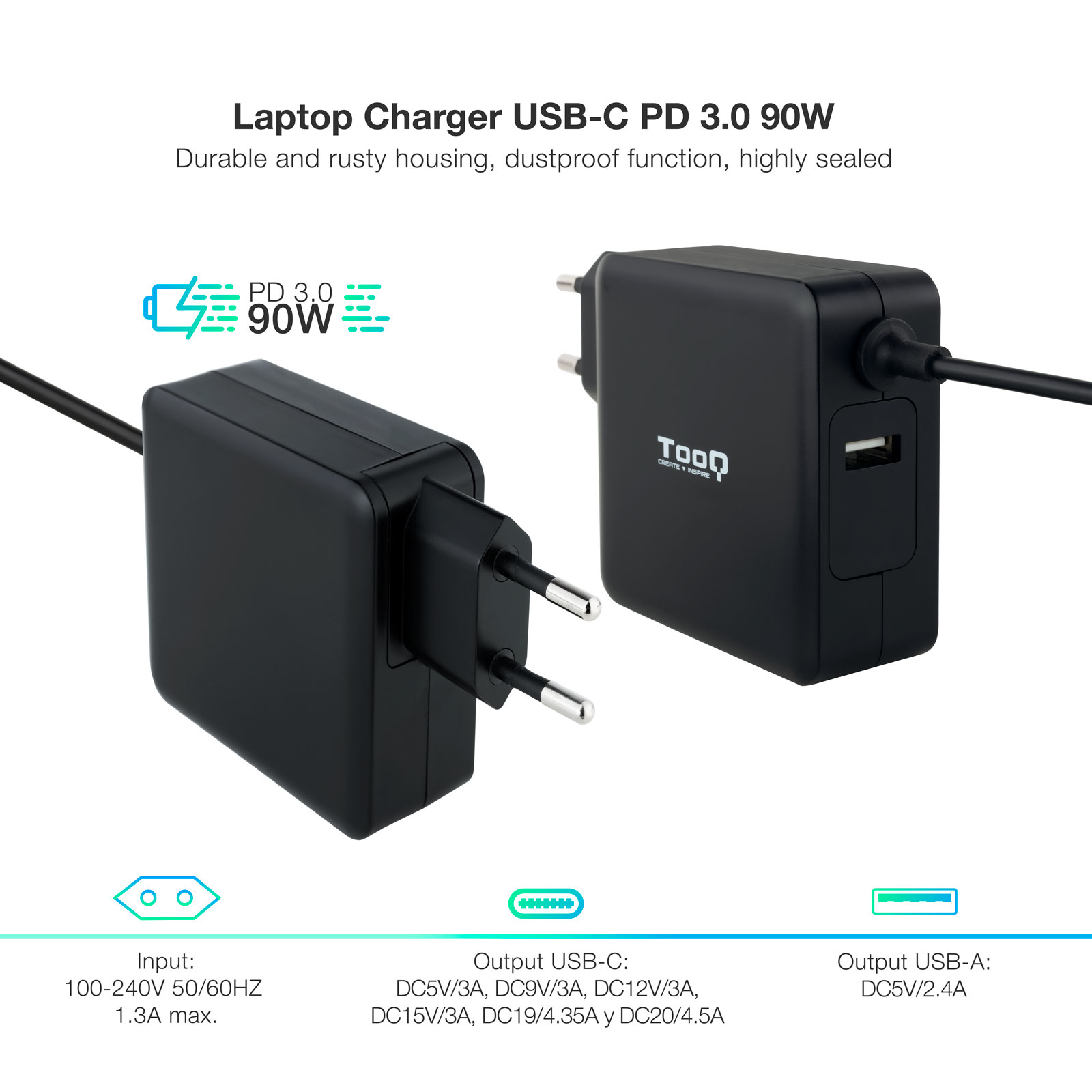 Cargador para portátil negro con salidas USB-C y USB-A. El cargador tiene una carcasa negra y un enchufe.