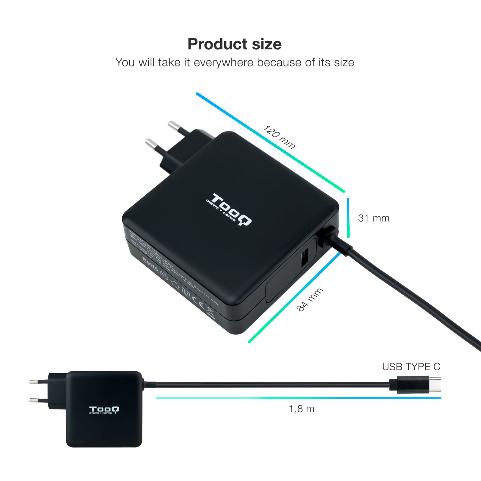 Cargador negro con medidas. Tiene cable USB-C. El cargador es de la marca Tooq y se indican las dimensiones.