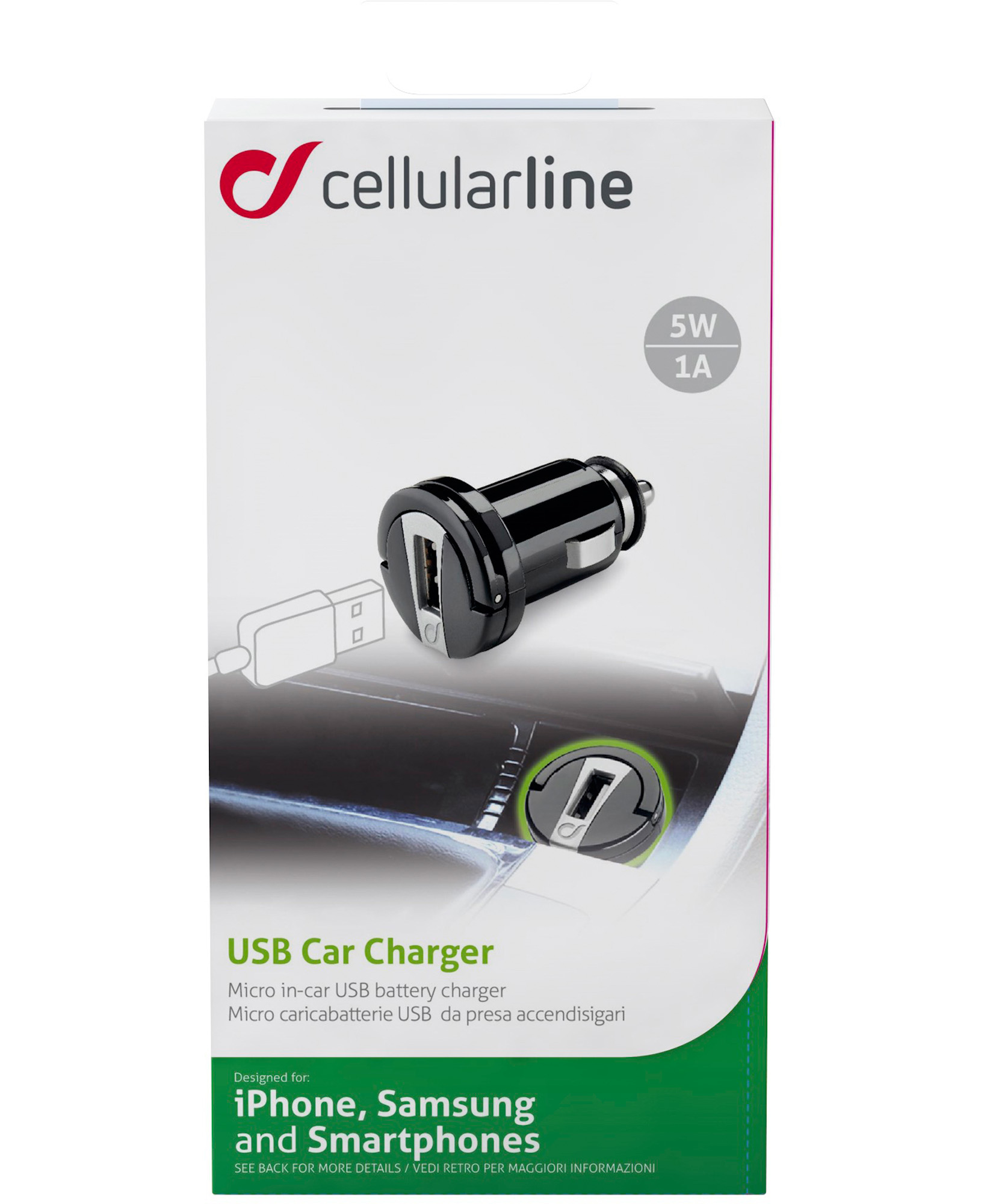 Eine weiße Schachtel mit einem USB-Autoladegerät. Das Ladegerät ist schwarz, das Cellularline-Logo steht oben.