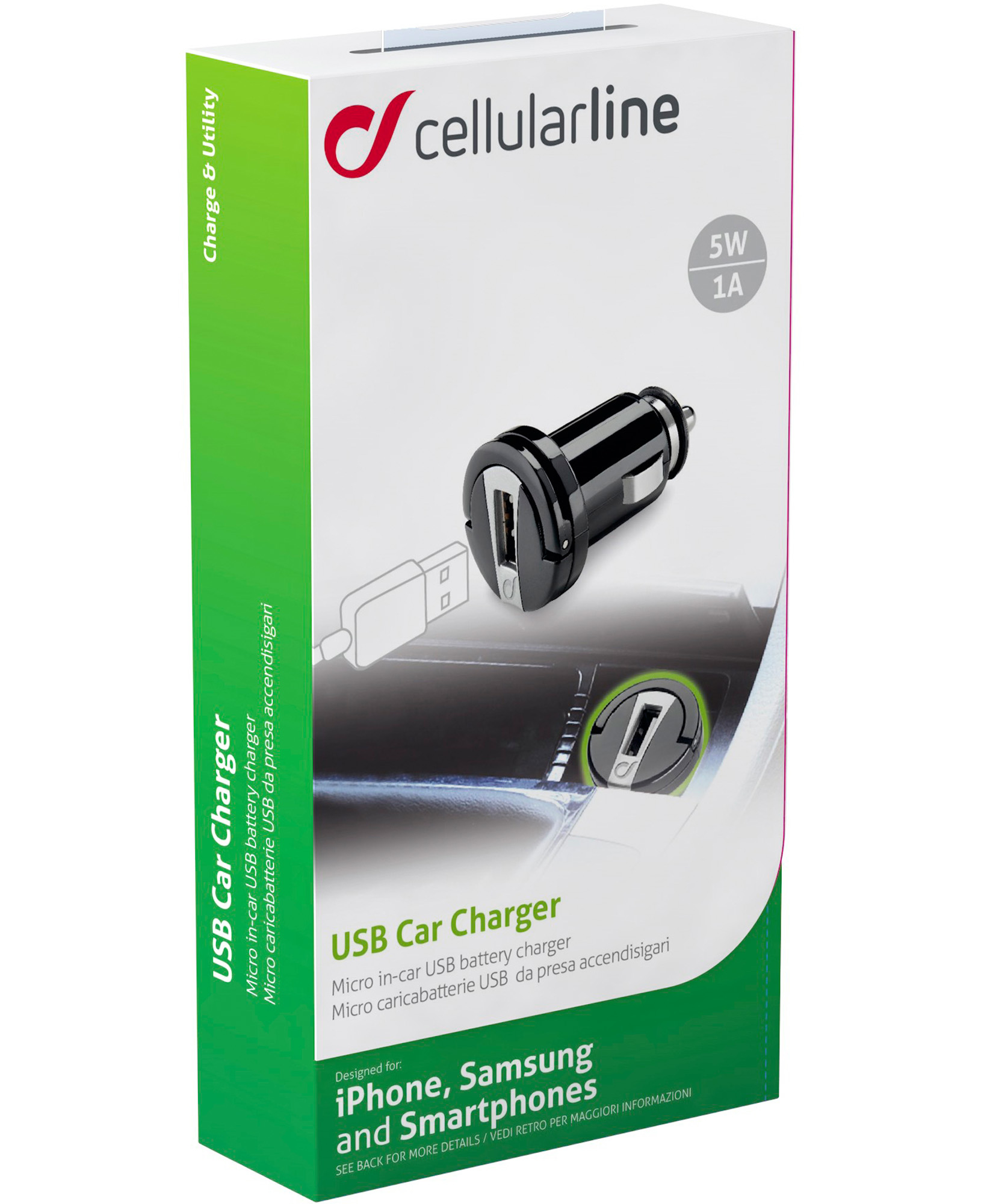 Verpackter USB-Autoladegerät mit einem schwarzen Ladegerät auf weißem Hintergrund, grüne Seite mit Text und Cellularline-Logo.