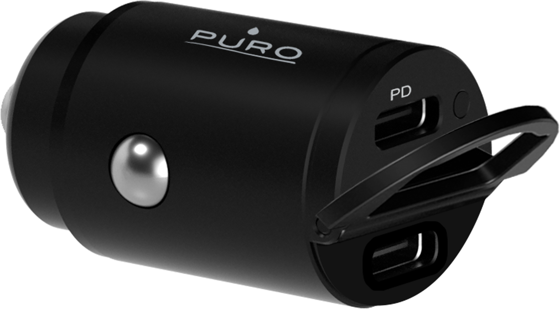 Caricabatterie per auto nero con due porte USB e un pulsante argentato. Il marchio PURO è visibile.