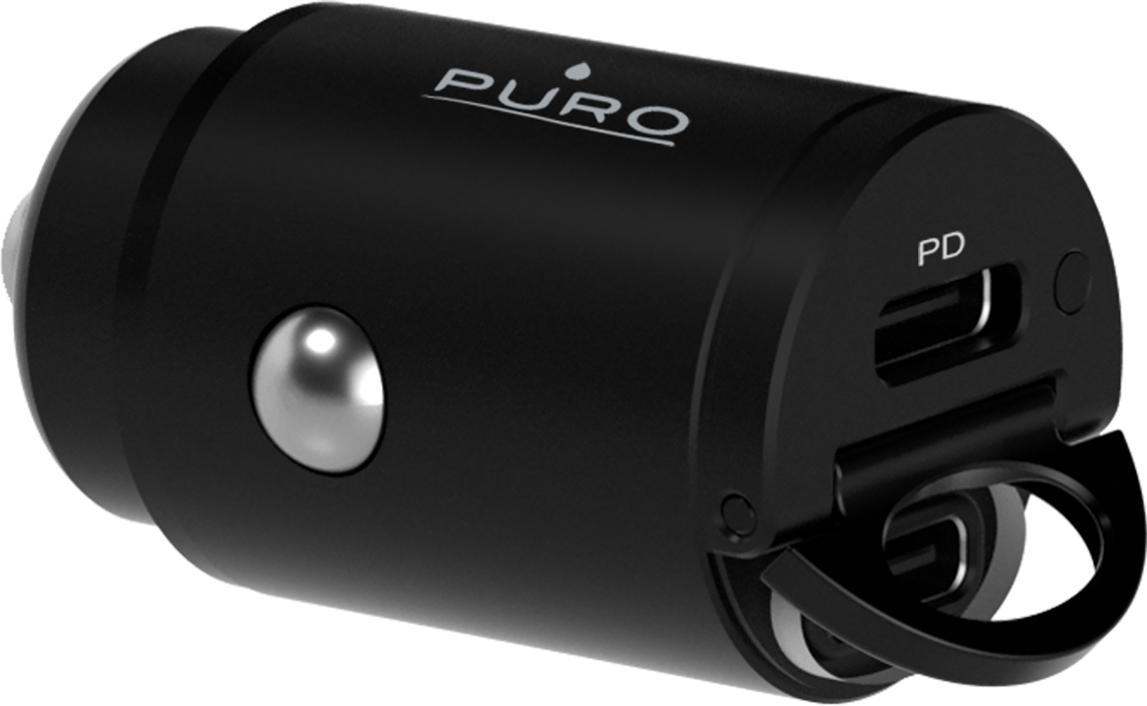 Un caricabatterie per auto Puro nero con porta USB e pulsante argentato. Il caricabatterie ha la scritta 'PURO'.