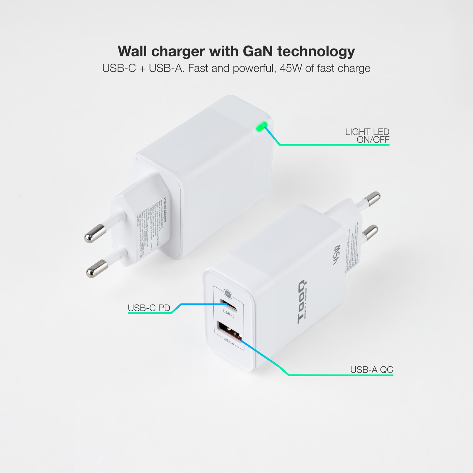 Dos cargadores de pared blancos con puertos USB, etiquetados. Uno tiene una luz verde y el texto dice 'Light LED ON/OFF'.