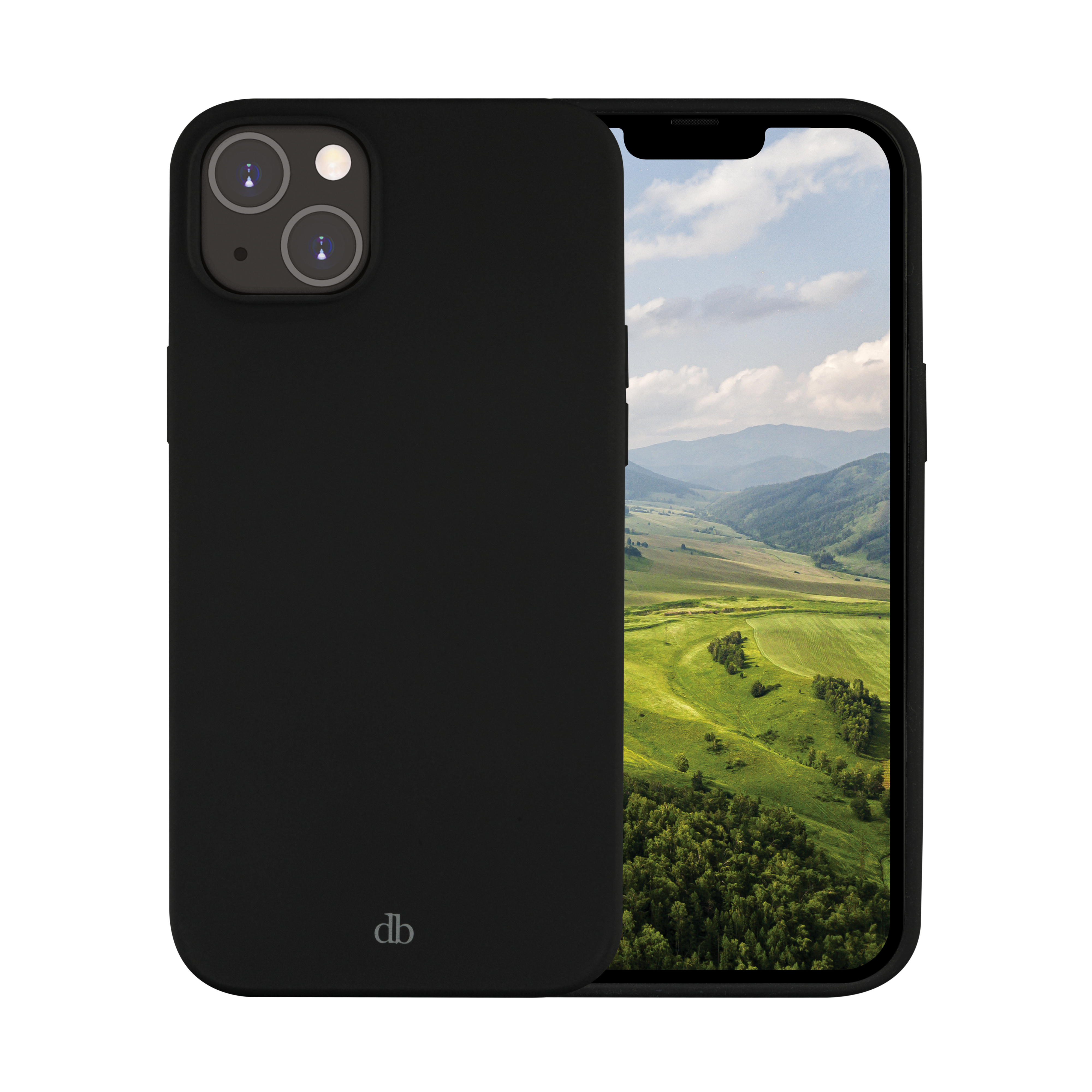 Telefono nero con custodia, rivela un paesaggio sullo schermo. Custodia con logo 'db'.