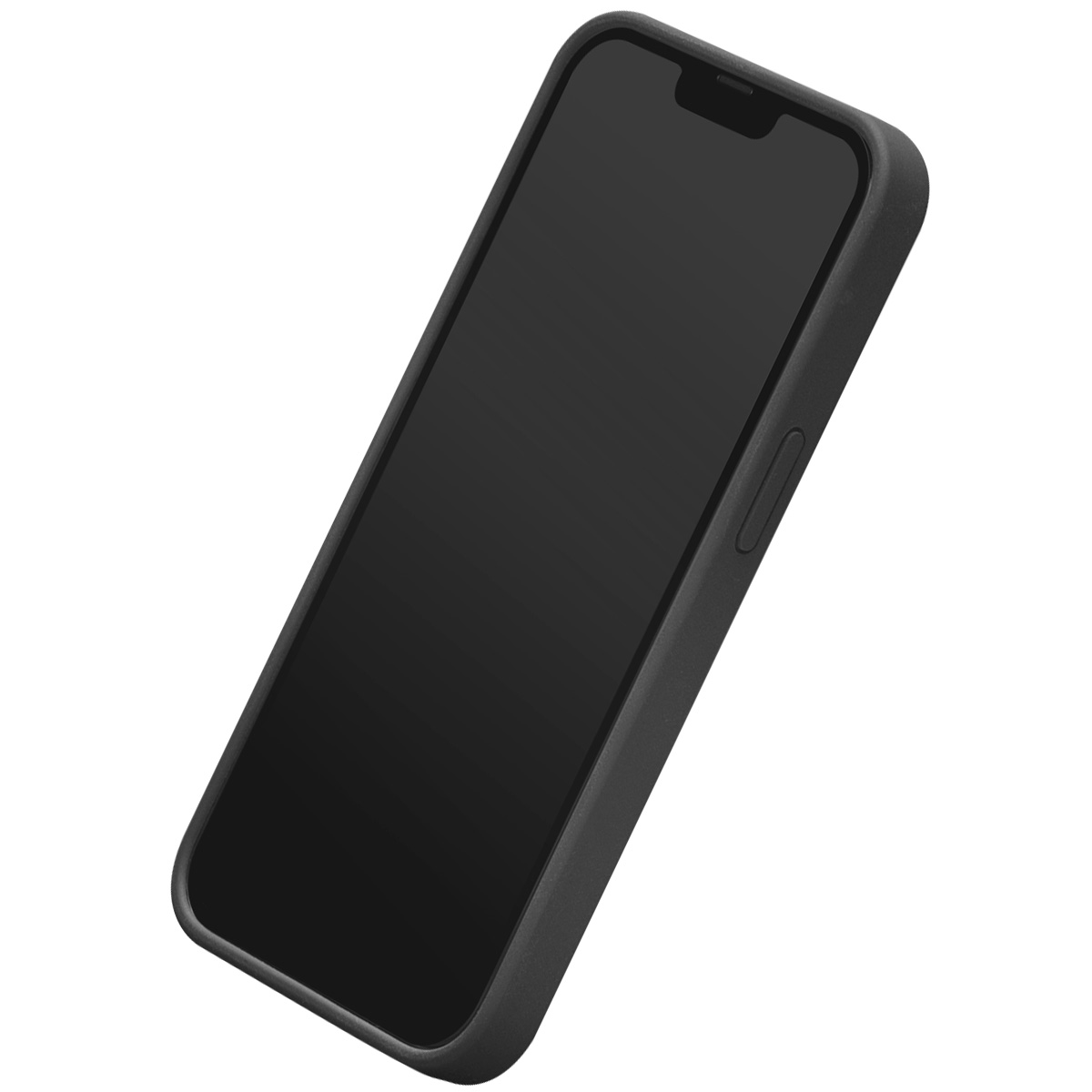 Uno smartphone nero in una custodia nera è inclinato diagonalmente. Lo schermo è scuro, con un notch in alto. Lo sfondo è bianco.