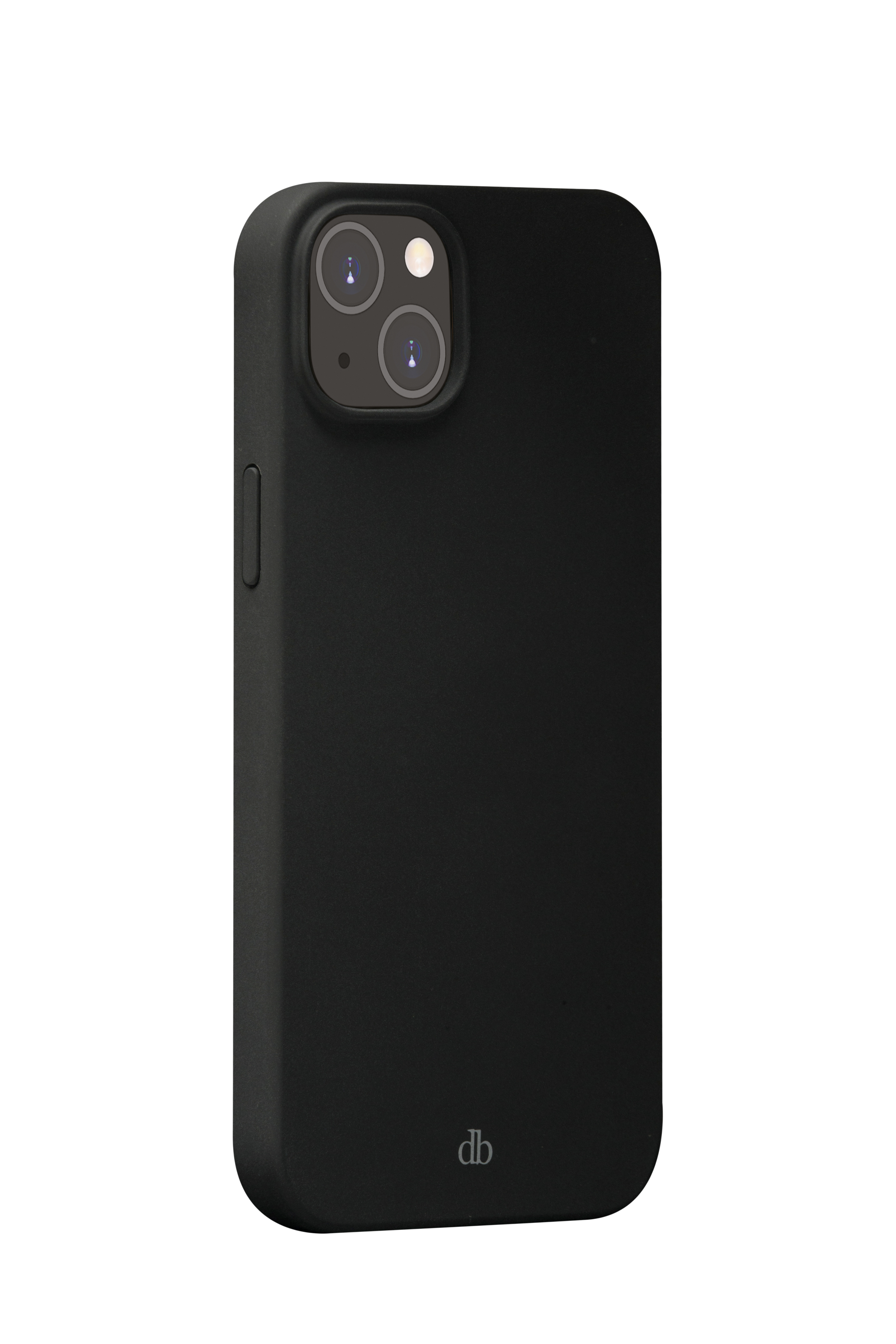Una custodia nera per telefono con un modulo fotocamera. La custodia ha un pulsante laterale e un logo in basso.