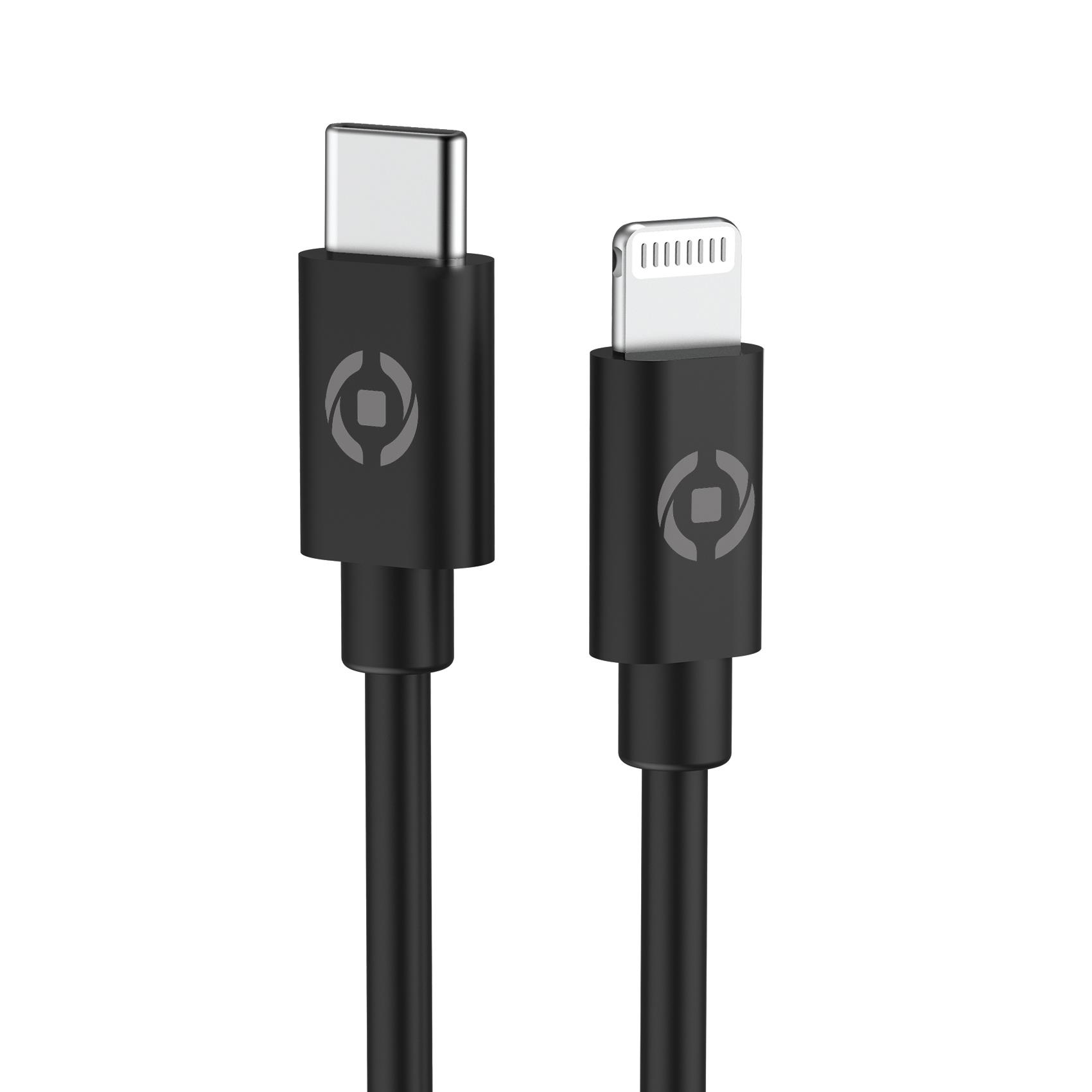 Dos cables de carga negros. Uno tiene conector USB-C, el otro Lightning, ambos con un logotipo.