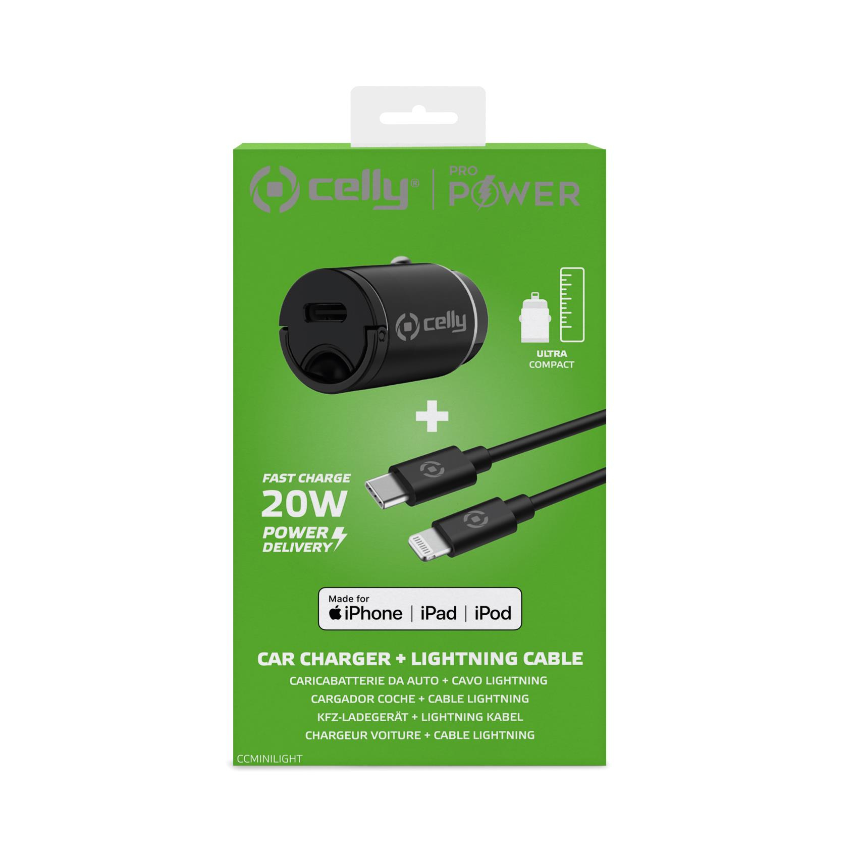 Una caja verde y blanca muestra un cargador de coche y un cable lightning. El texto incluye 'Fast Charge 20W' y 'Made for iPhone, iPad, iPod'.