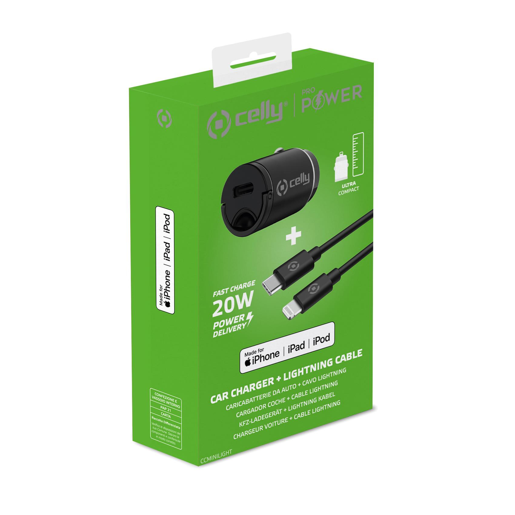 Una caja verde muestra un cargador de coche y un cable Lightning. Es carga rápida 20W Power Delivery para iPhone, iPad y iPod.