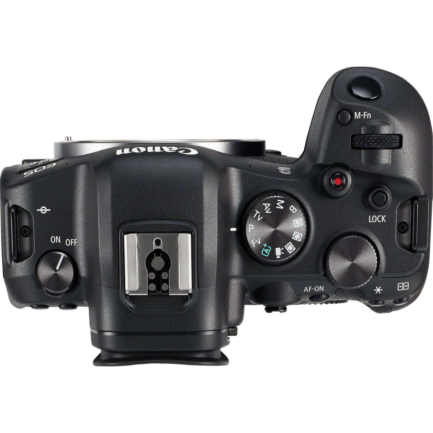 Cámara Canon EOS negra, vista superior. Incluye diales de control, botones y el logotipo de Canon. Montura del objetivo visible.