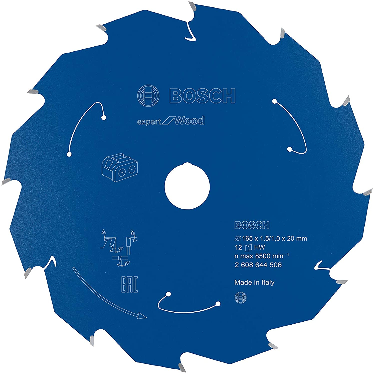 Blaues Kreissägeblatt mit Zähnen, Bosch-Logo und Produktdetails. Text enthält Abmessungen, Geschwindigkeit und 'Made in Italy'.