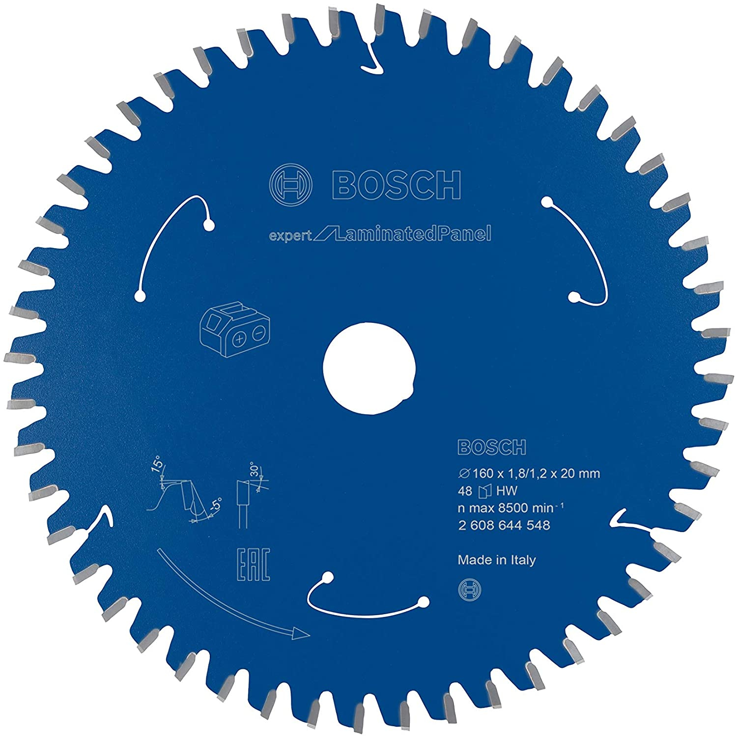 Una lama per sega circolare blu con denti bianchi. Ha il logo e il testo Bosch, Made in Italy. La lama ha specifiche tecniche.