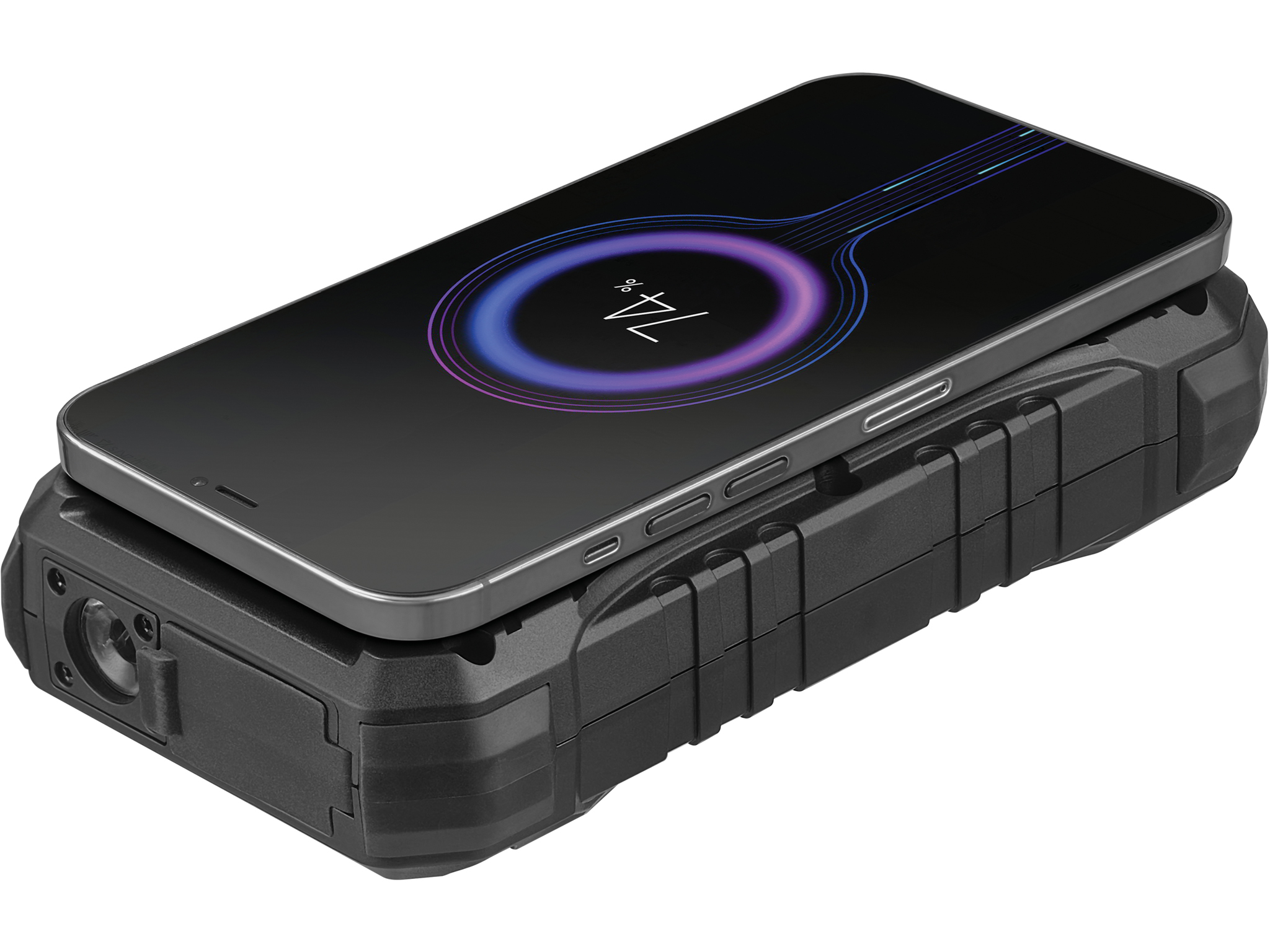 Ein Smartphone, das drahtlos auf einem schwarzen Ladegerät geladen wird. Das Telefon zeigt 74% Akku an. Das Gerät hat eine Taschenlampe.