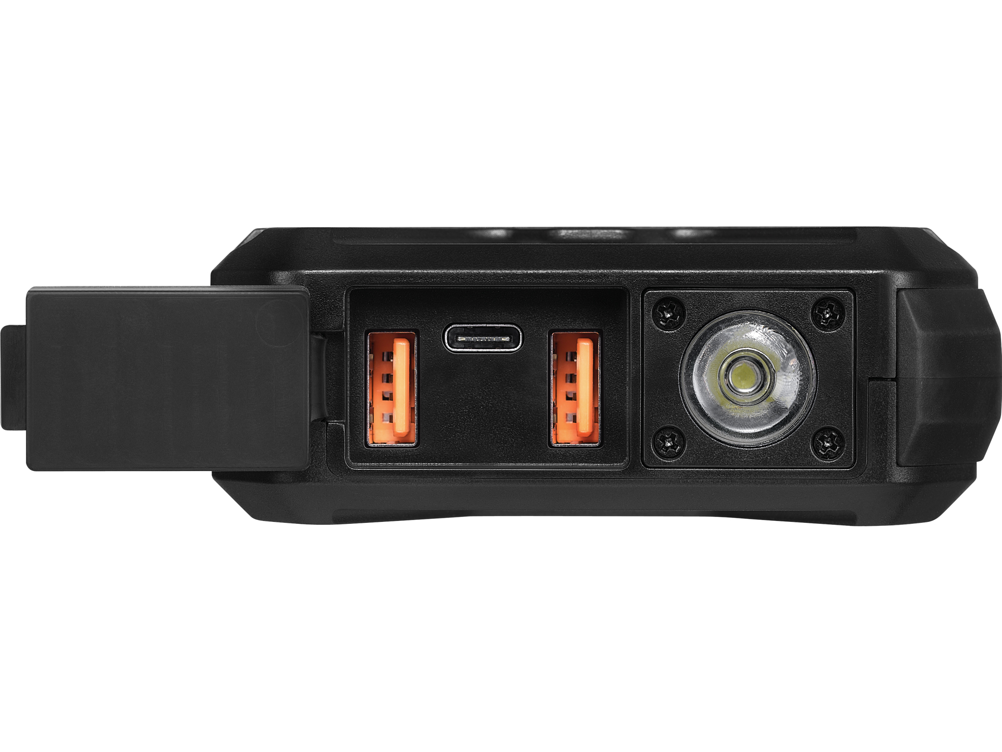 Schwarzes rechteckiges Gerät mit Anschlüssen und einer Taschenlampe. Verfügt über USB-Anschlüsse, einen USB-C-Anschluss und eine offene Klappe.