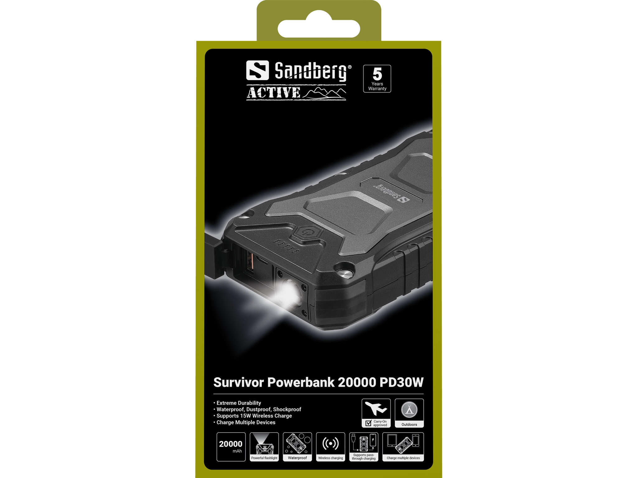 Eine Sandberg Active Survivor Powerbank 20000 PD30W-Verpackung. Es hat ein Powerbank-Bild, Funktionen und Symbole. Es ist schwarz und grau.