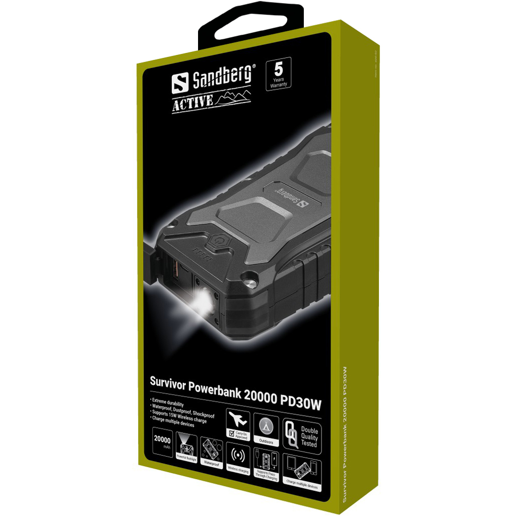 Eine Sandberg Survivor Powerbank 20000 PD30W Box. Sie ist schwarz und grau, hat eine Taschenlampe und Details wie wasserdicht und kabelloses Laden.