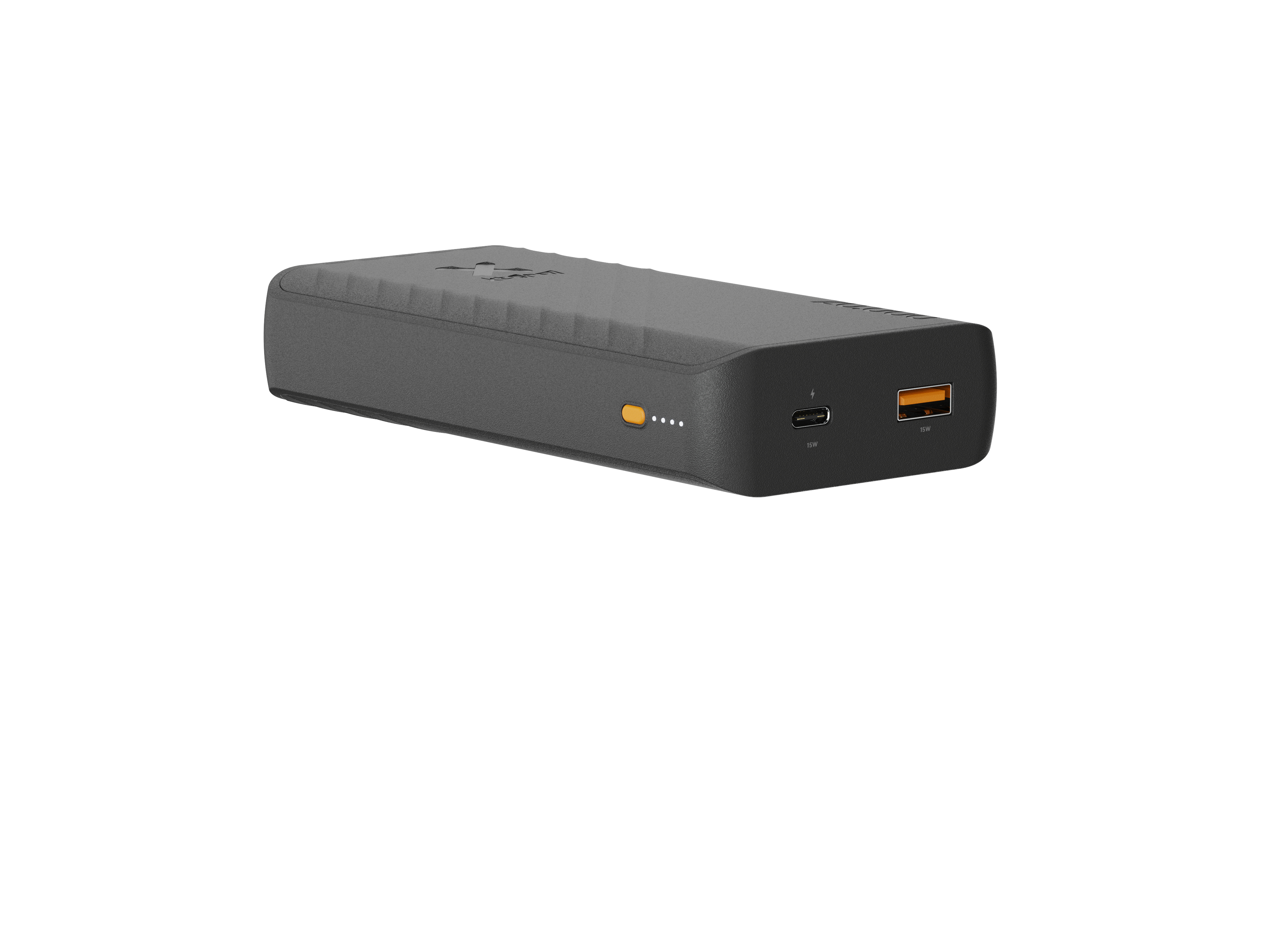 Dunkelgraue Powerbank mit Anschlüssen und Ladeanzeige. Sie liegt auf weißem Hintergrund.