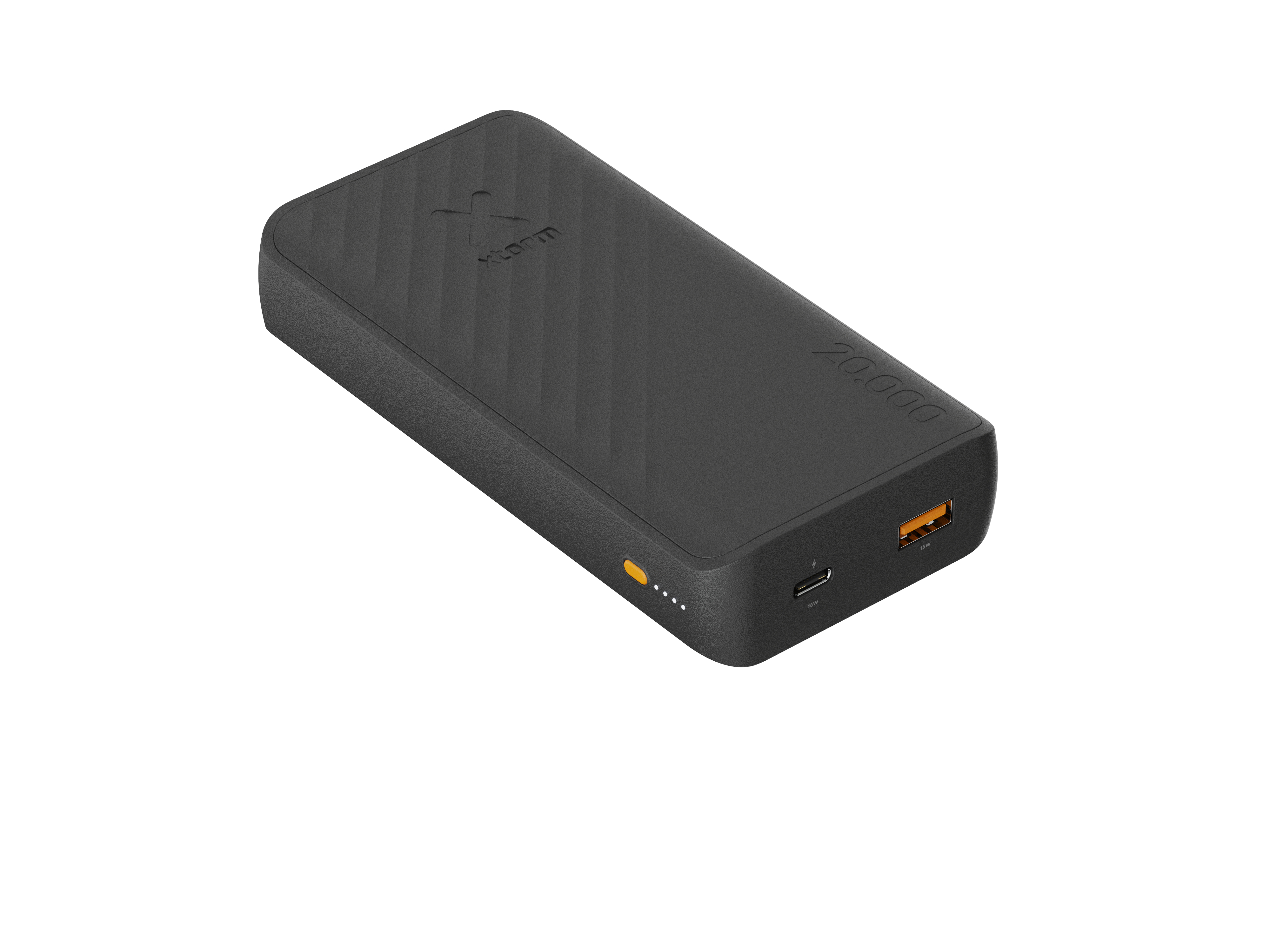 Schwarze Powerbank mit orangefarbenen Anschlüssen. Sie hat eine strukturierte Oberfläche, ein Logo und die Zahl 20.000. Auf weißem Hintergrund.