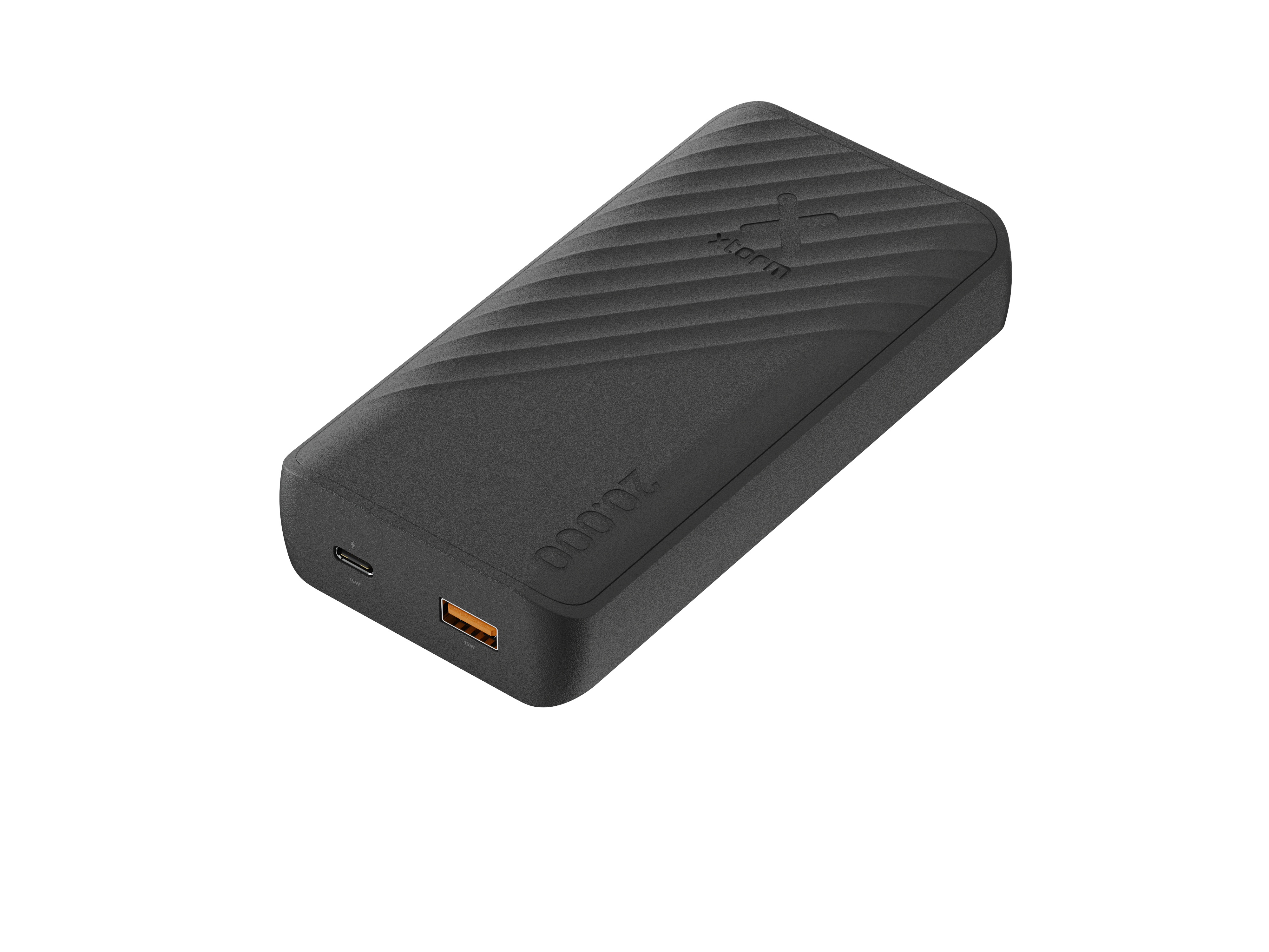 Eine schwarze Powerbank mit strukturierter Oberfläche, einem Logo und orangefarbenen und schwarzen Anschlüssen. Es steht '20.000'.