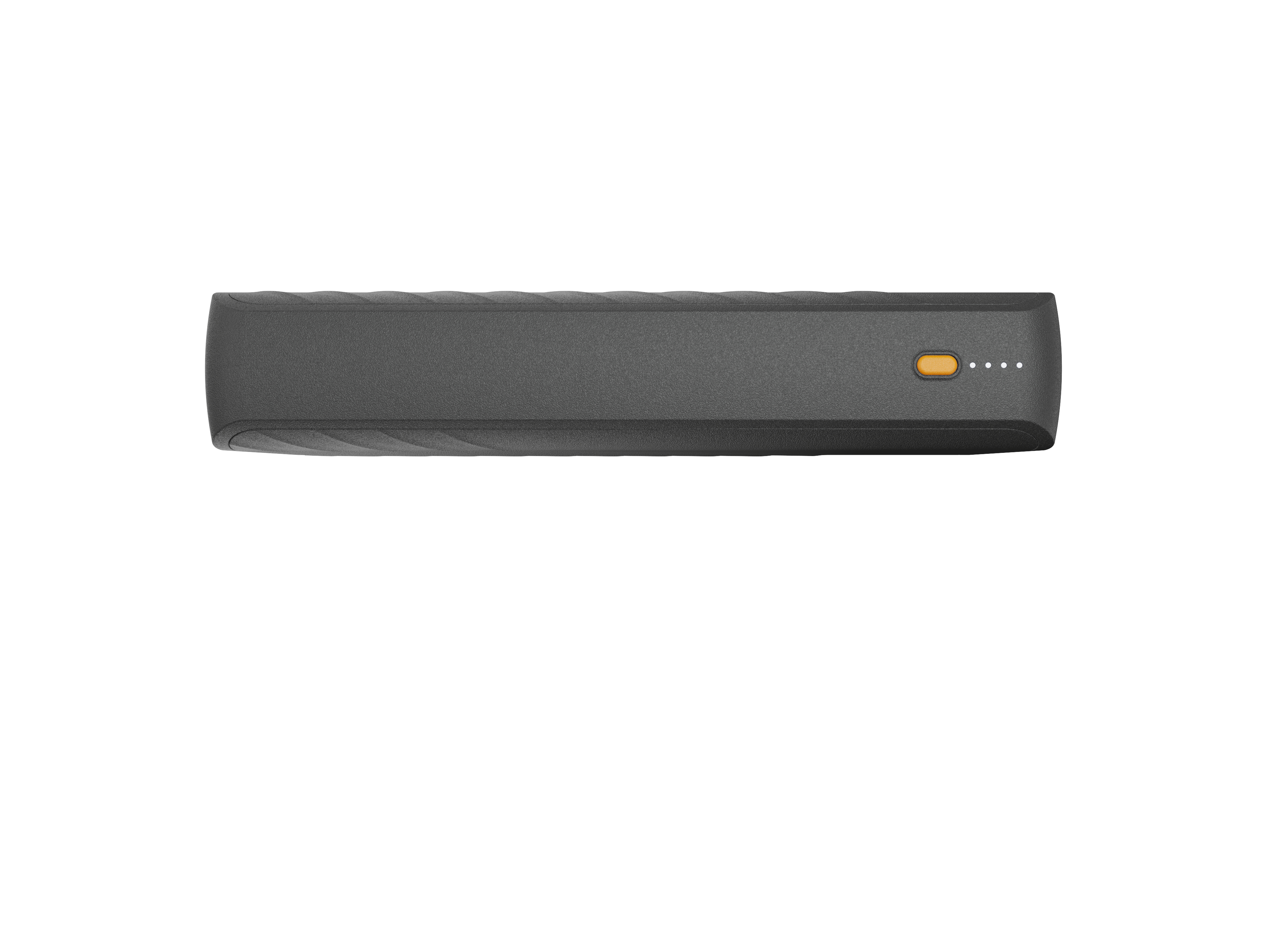 Eine dunkelgraue, rechteckige Powerbank mit orangefarbener Taste und Statusleuchten auf weißem Hintergrund.