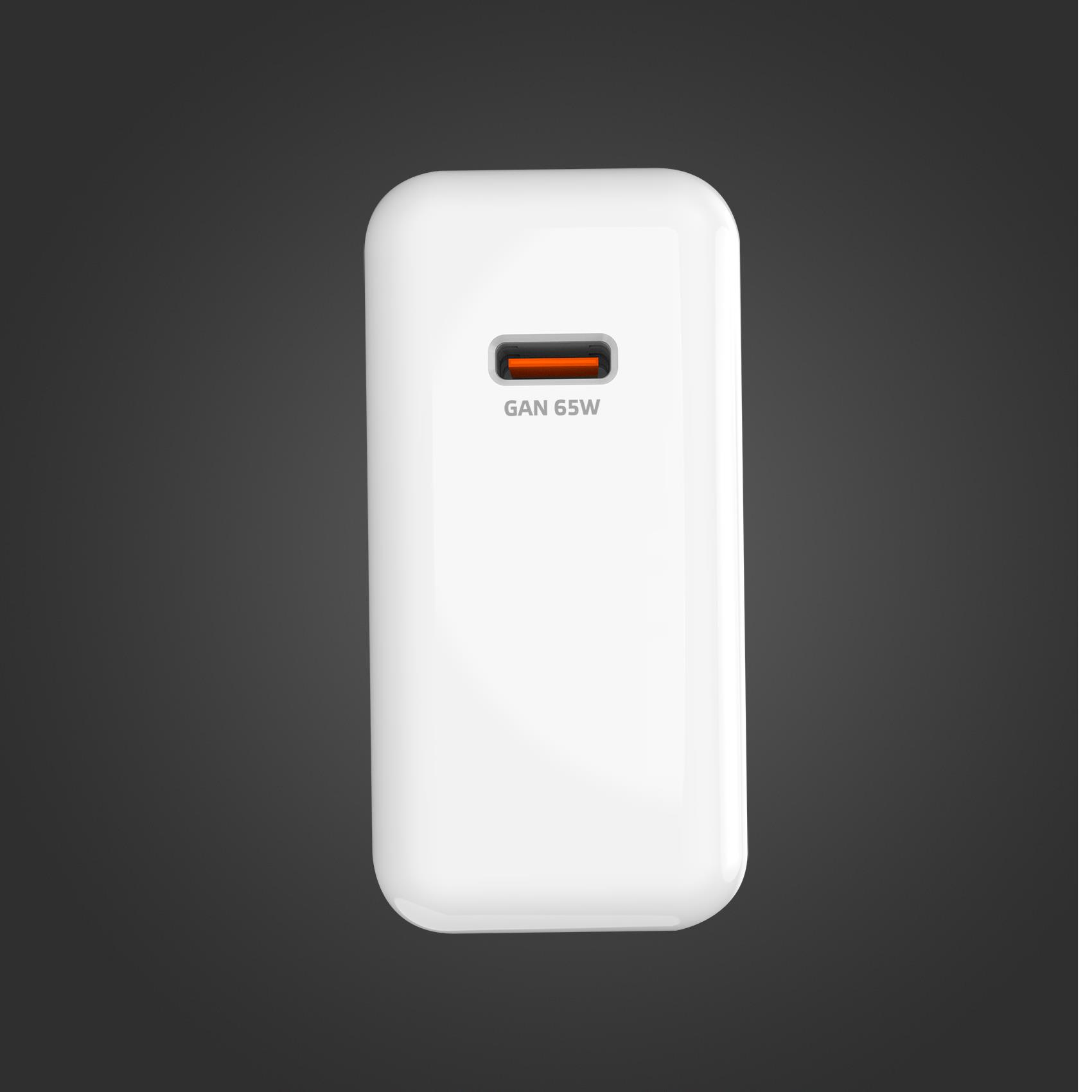 Weißes Netzteil auf dunkelgrauem Hintergrund. Es hat einen orangefarbenen Anschluss und den Text 'GAN 65W'.