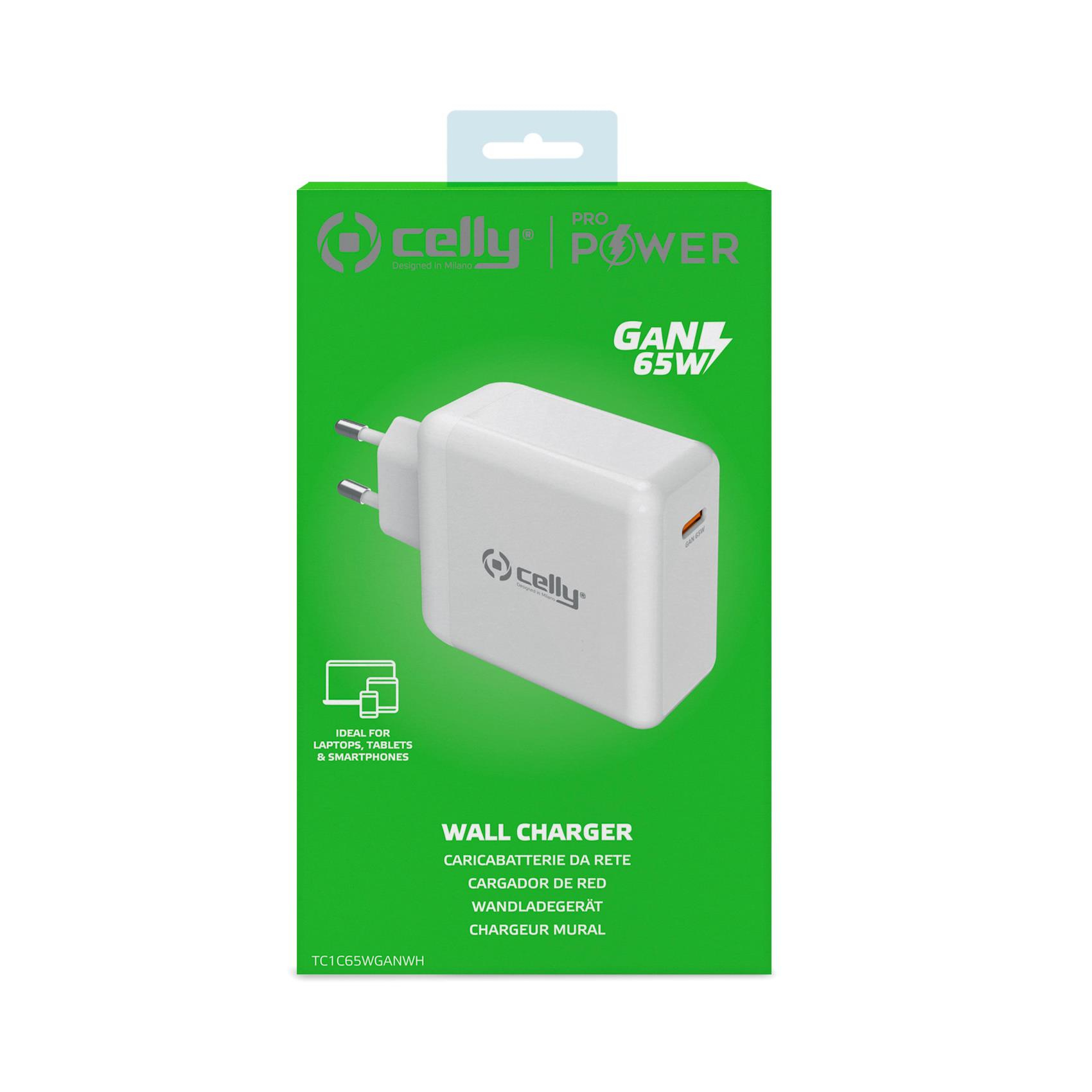 Ein weißes Celly 65W-Wandladegerät auf grünem Hintergrund. Text enthält 'Power', 'Wall Charger' und 'Ideal für Laptops'.