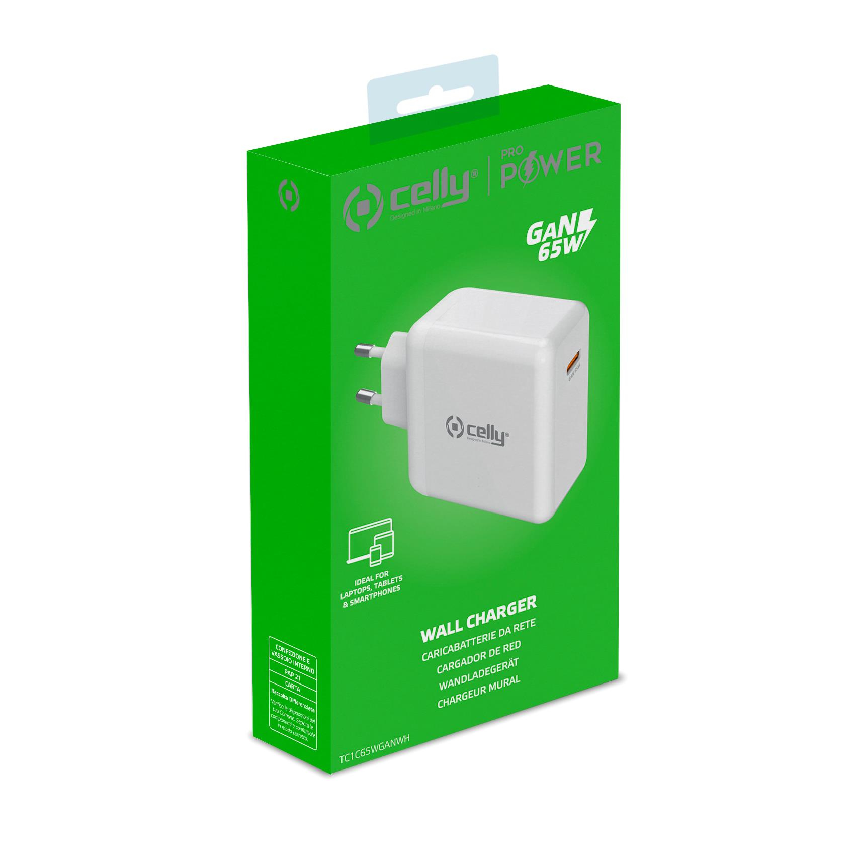Eine grüne Schachtel mit weißem Ladegerät und dem Wort 'celly' wird angezeigt. Text enthält 'Power' und 'Wall Charger'.