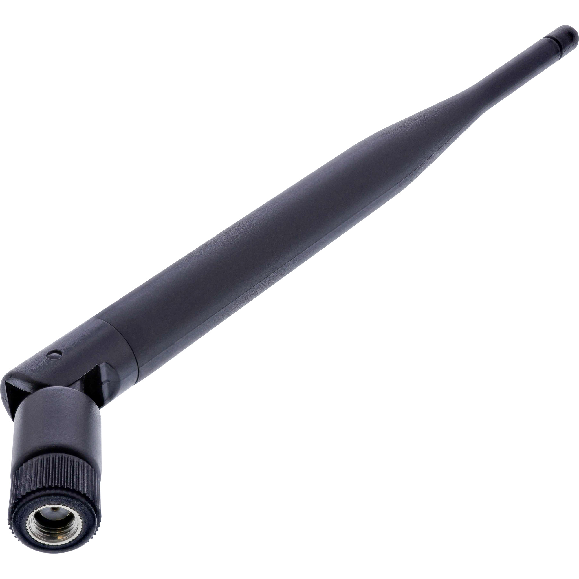 Eine schwarze Antenne auf weißem Hintergrund. Sie hat ein abgerundetes Ende und ein Schraubgelenk.