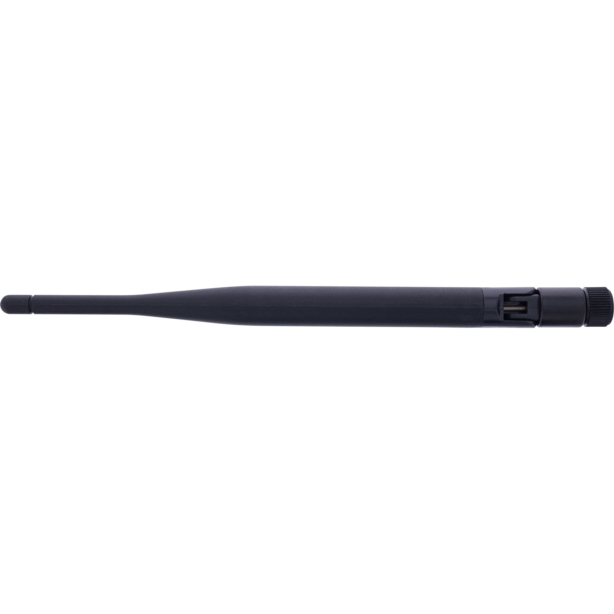 Eine schwarze Antenne mit einem langen, dünnen Körper und einem dickeren Fuß, vor weißem Hintergrund.