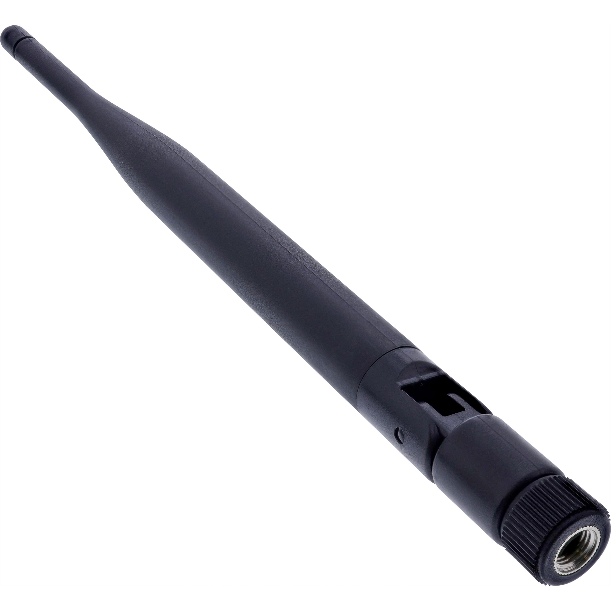 Eine schwarze Antenne auf weißem Hintergrund. Zylindrisch, mit abgerundeter Spitze und Gewindebasis.