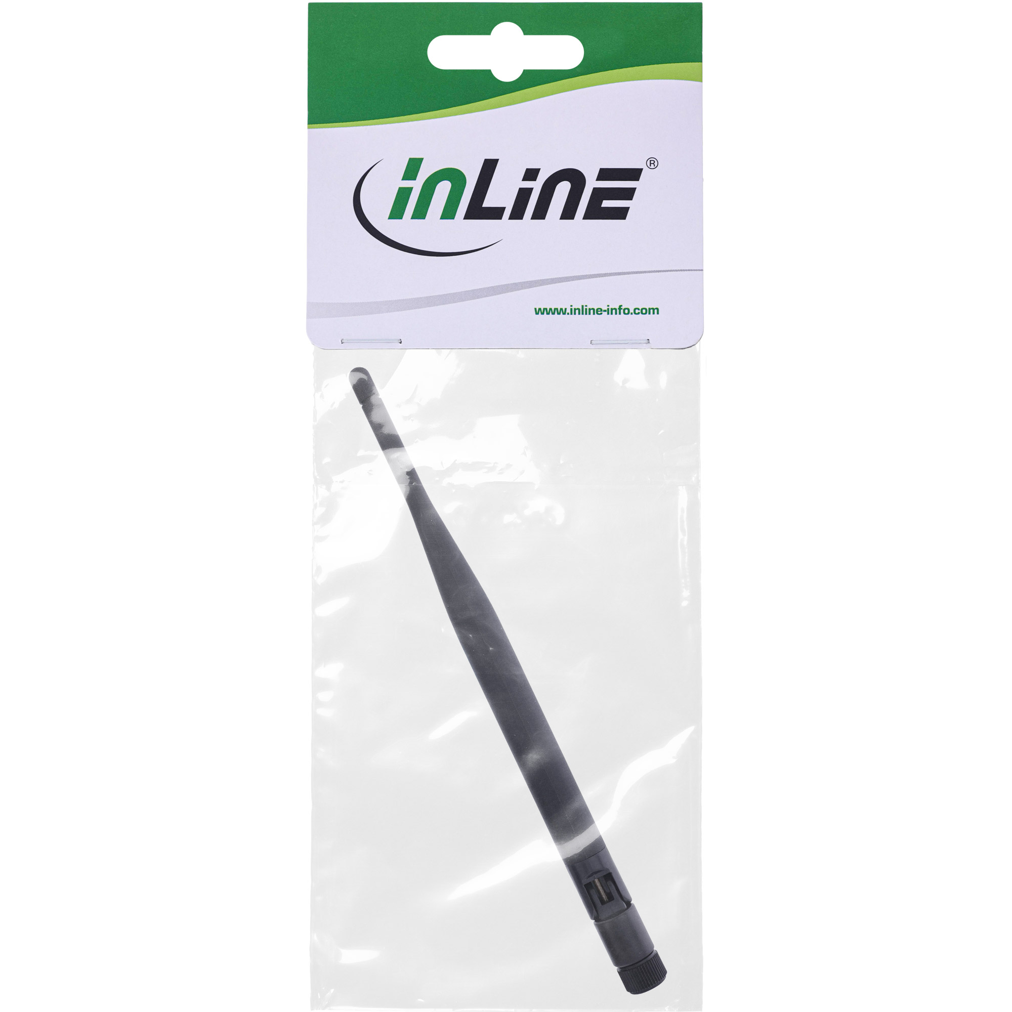 Eine schwarze Antenne befindet sich in einer durchsichtigen Plastiktüte. Die Tüte ist an einem weißen und grünen InLine-Header befestigt.