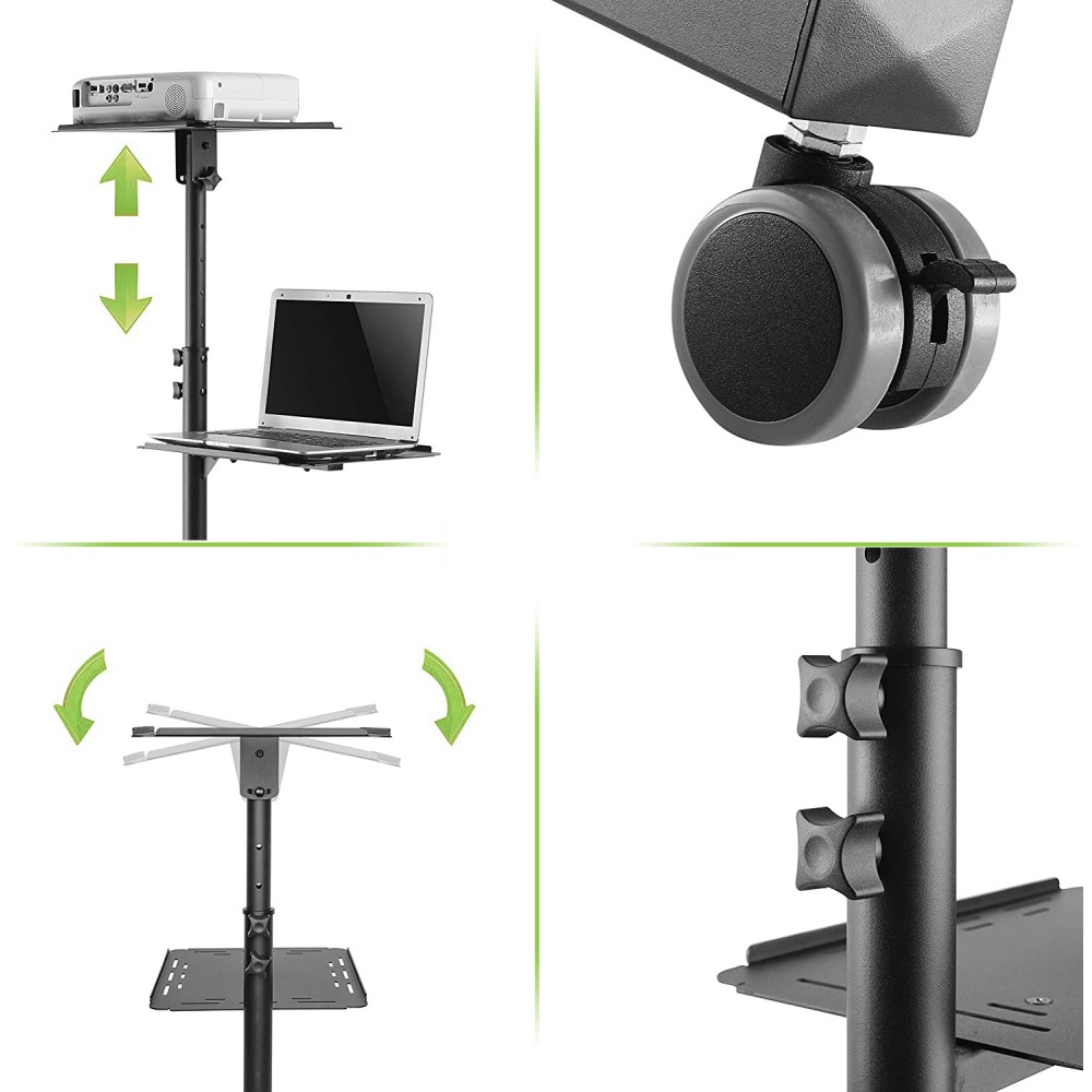 Ein Projektorständer mit Projektor, Laptop und verstellbaren Ablagen. Er hat Räder und Einstellknöpfe für Höhe und Winkel.