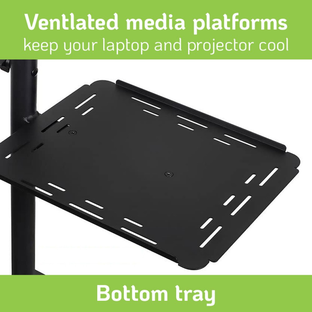 Eine schwarze Metallablage mit Lüftungsschlitzen wird gezeigt, beschriftet mit 'Bottom tray'. Es ist Teil eines Ständers, mit Text darüber, der seinen Zweck angibt.