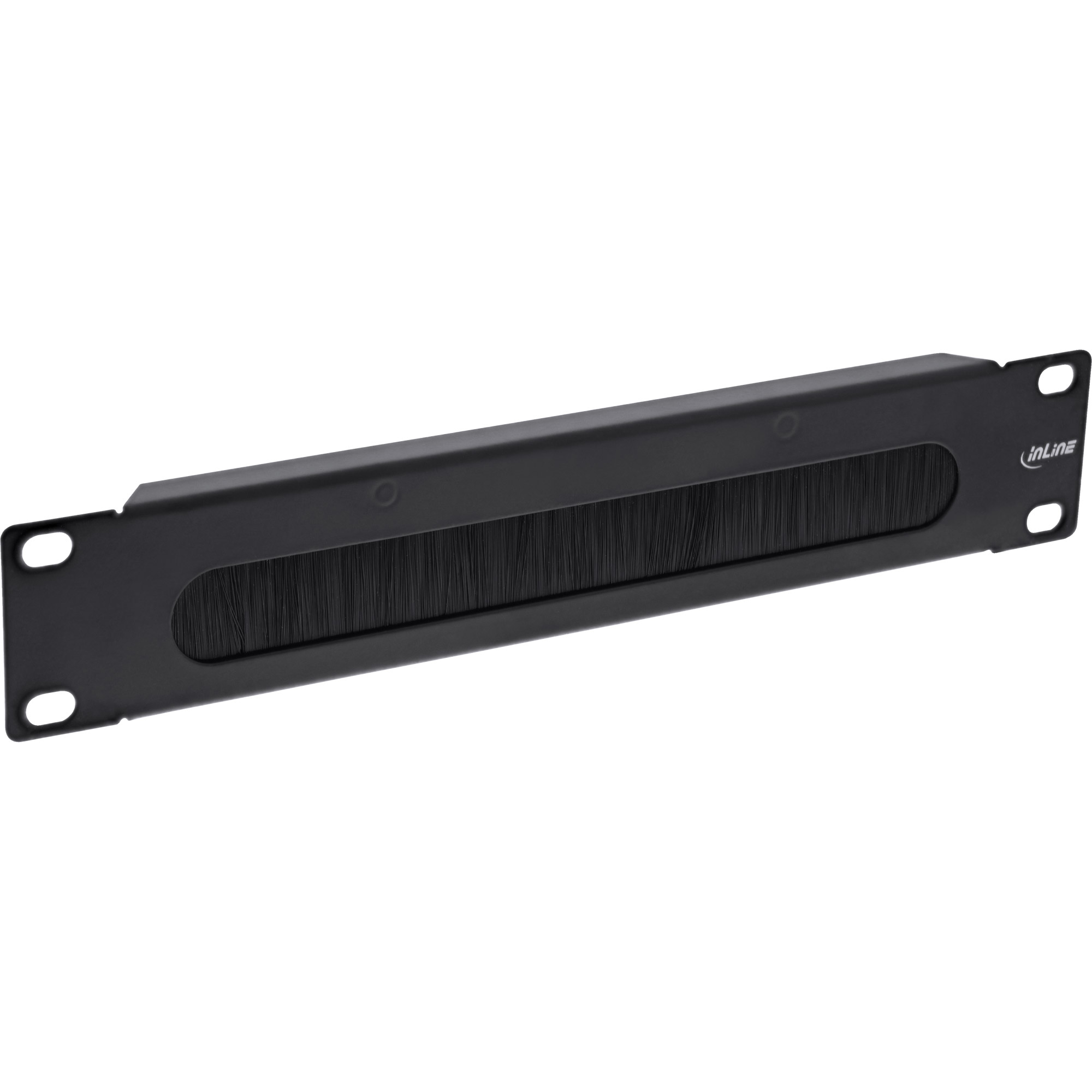 Ein schwarzes Rack-Panel mit einem Bürstenstreifen zur Kabelführung. Es hat Befestigungslöcher und das Inline-Logo.
