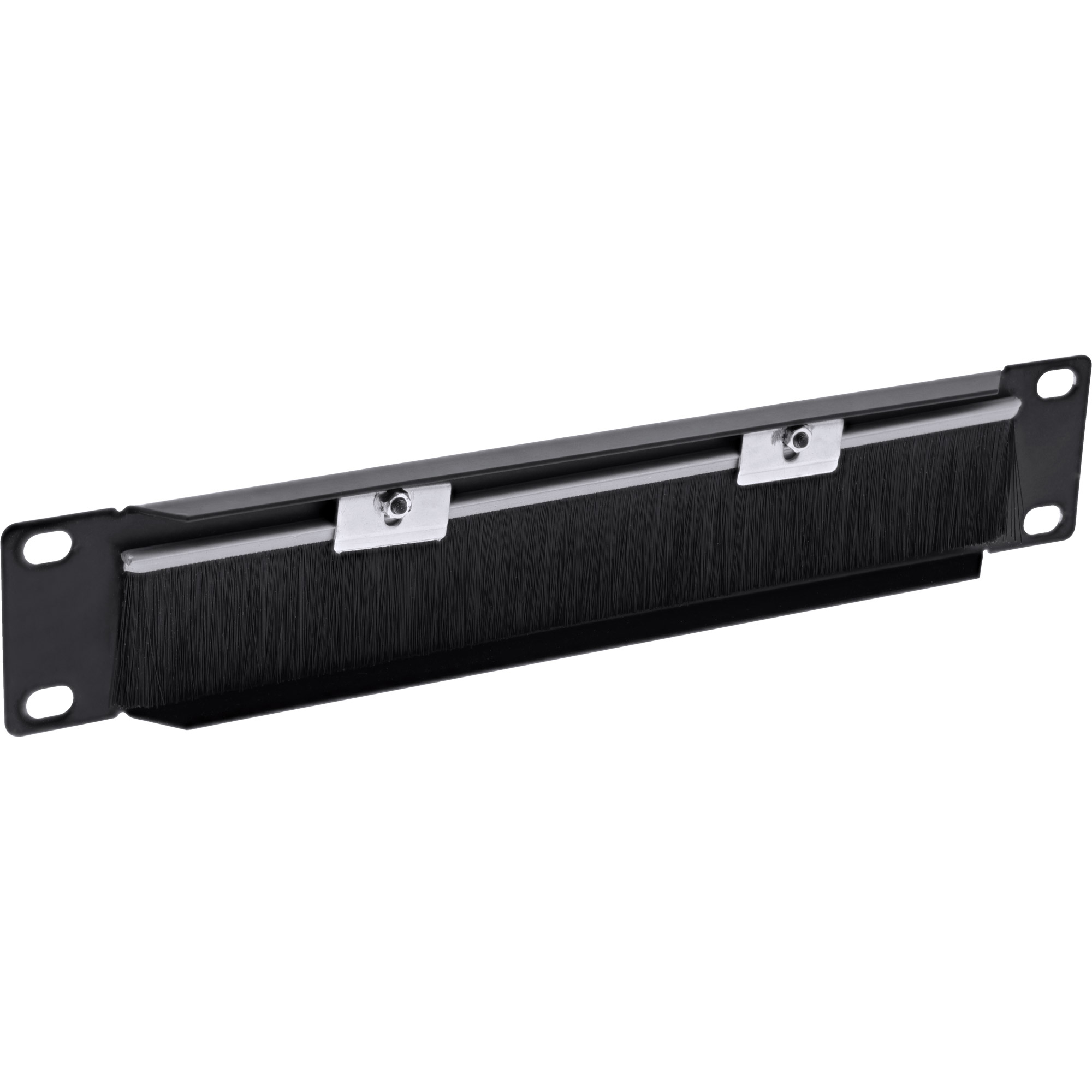 Schwarzes Rack-Mount-Kabelmanagement-Panel mit Bürstenleiste auf weißem Hintergrund.
