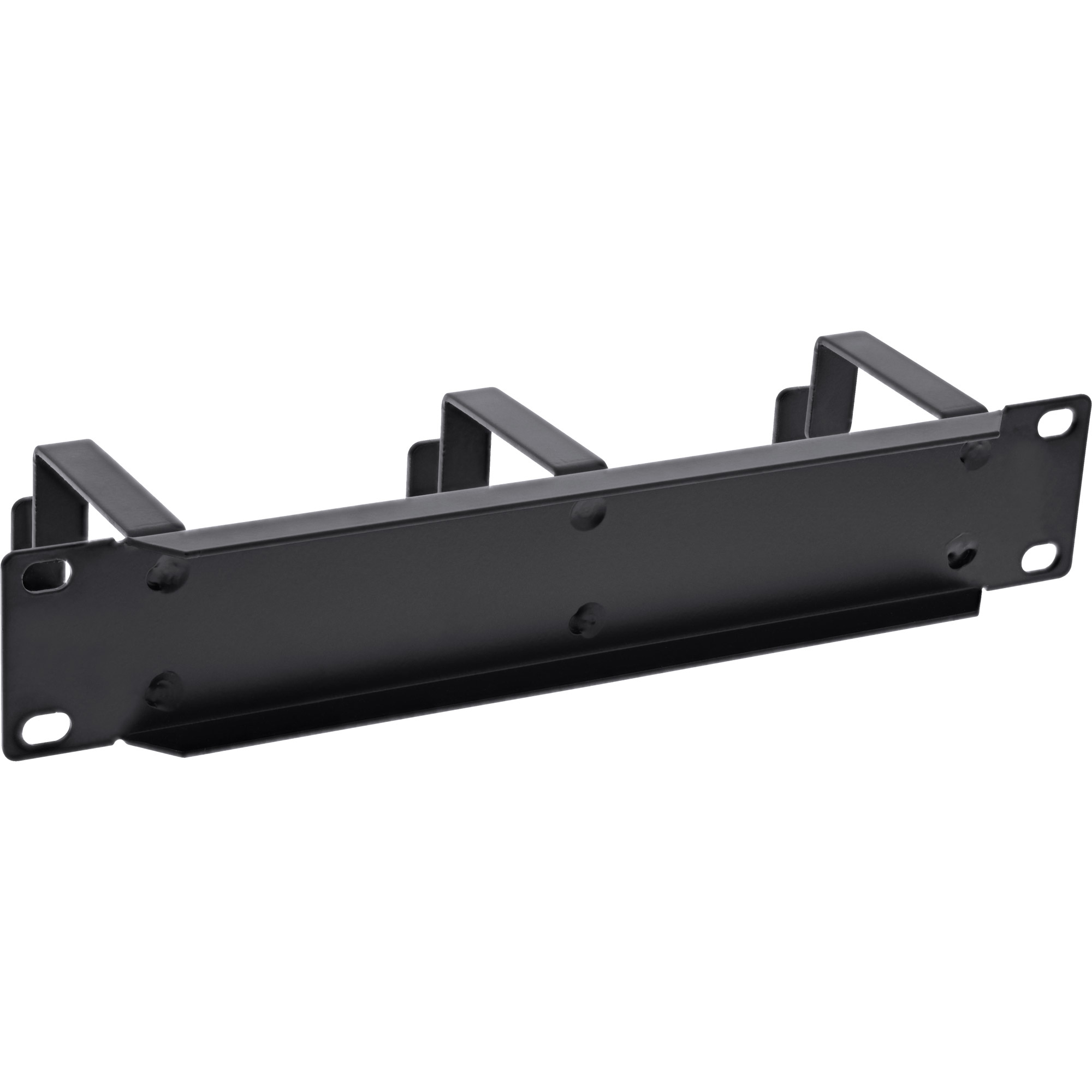 Ein schwarzer Metall-Rack-Mount mit drei U-förmigen Halterungen und einer flachen Basis. Es hat mehrere Löcher zur Montage.