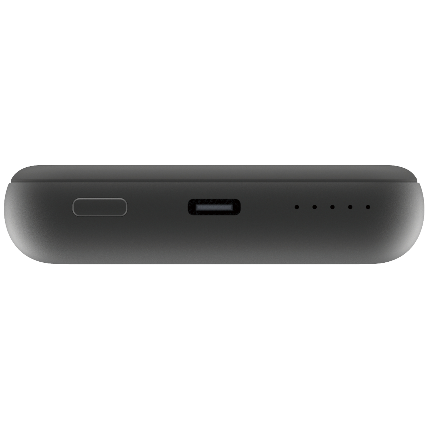 Ciemnoszary power bank z portem USB, przyciskiem i czterema kontrolkami na białym tle.