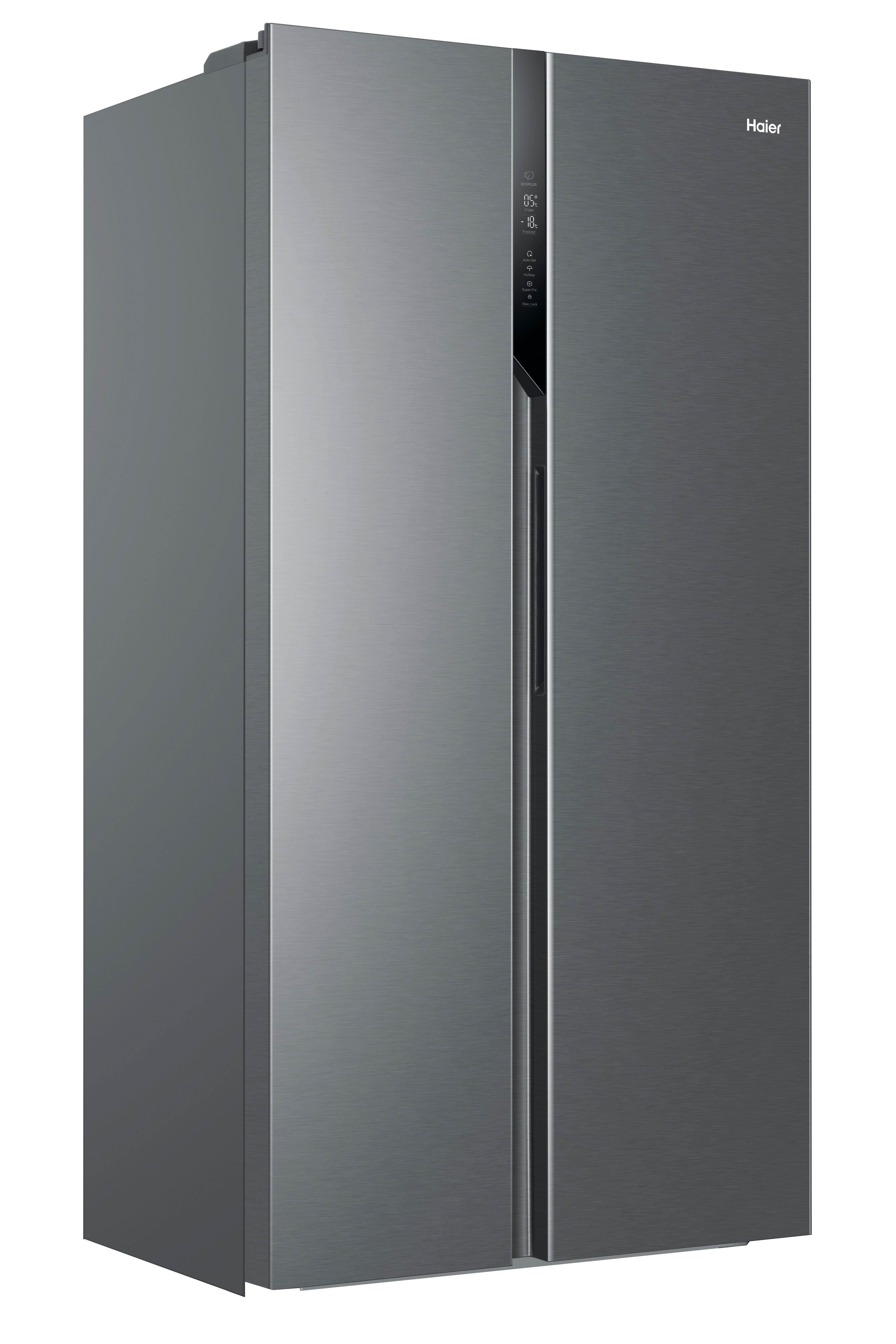 Un refrigerador Haier lado a lado gris. Tiene una pantalla digital y manijas. El fondo es blanco.