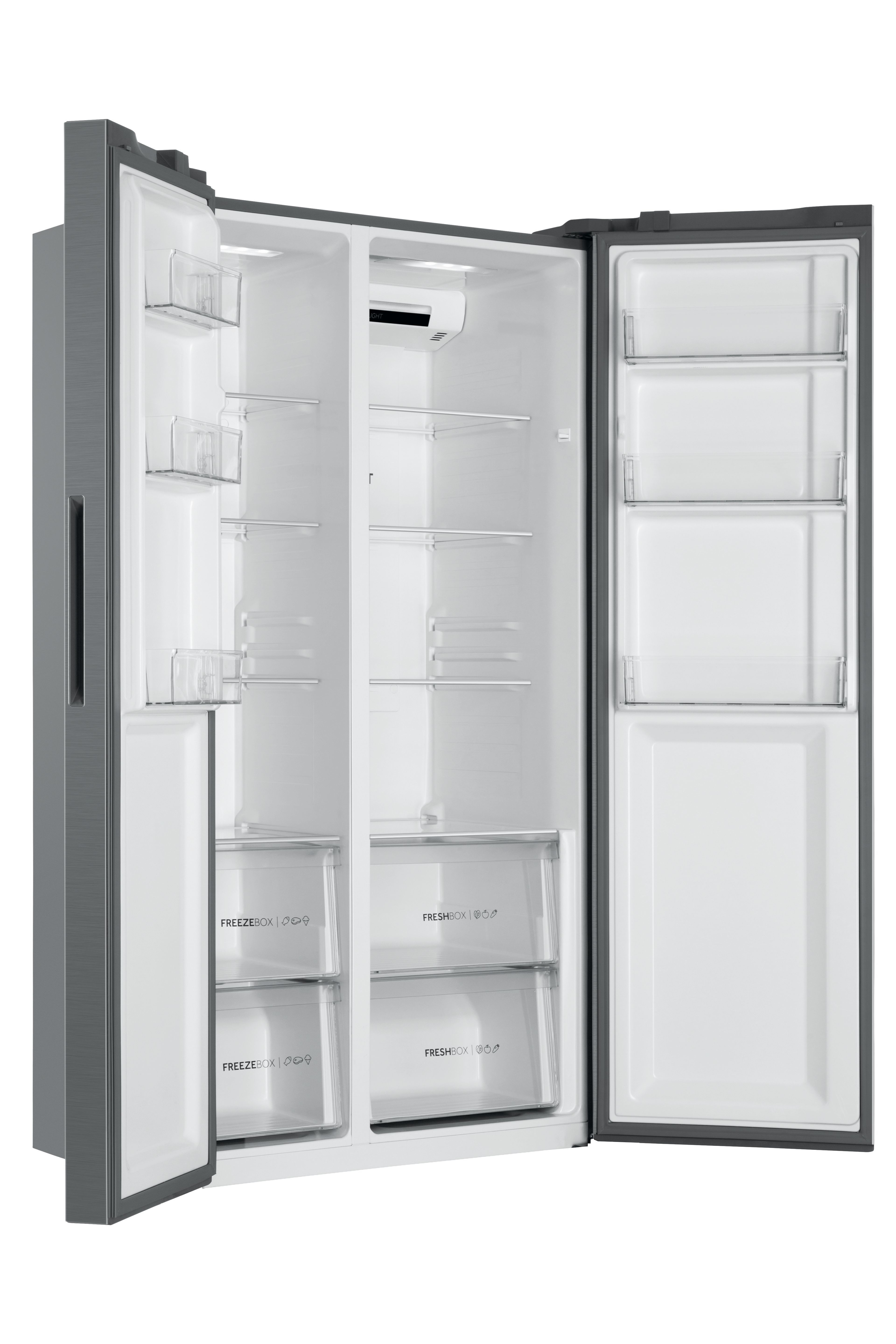 Un refrigerador lado a lado, con las puertas abiertas. Dentro del refrigerador hay estantes y cajones. El exterior es gris.