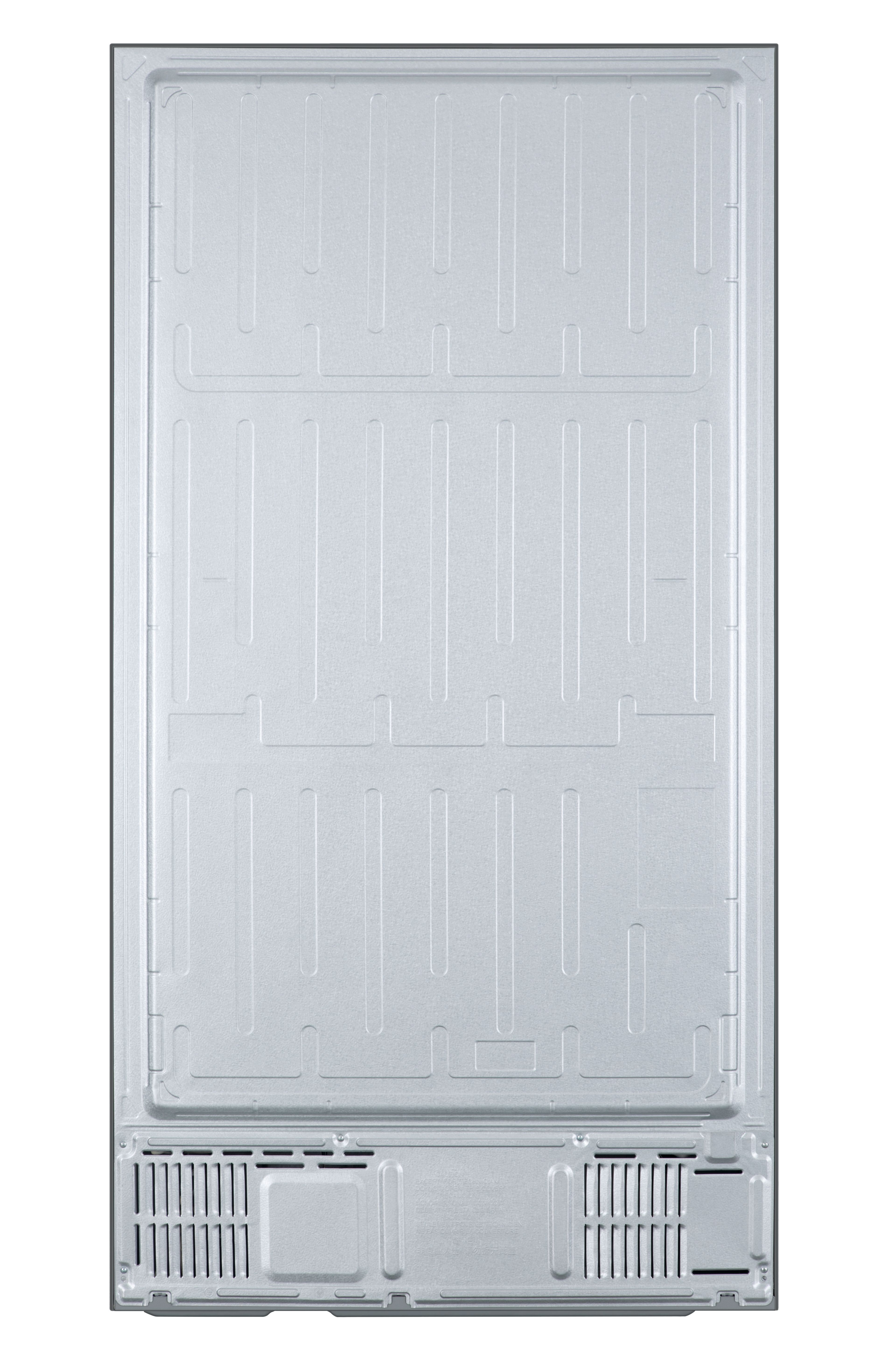 La parte trasera de un refrigerador plateado con superficie texturizada y ranuras de ventilación en la parte inferior.