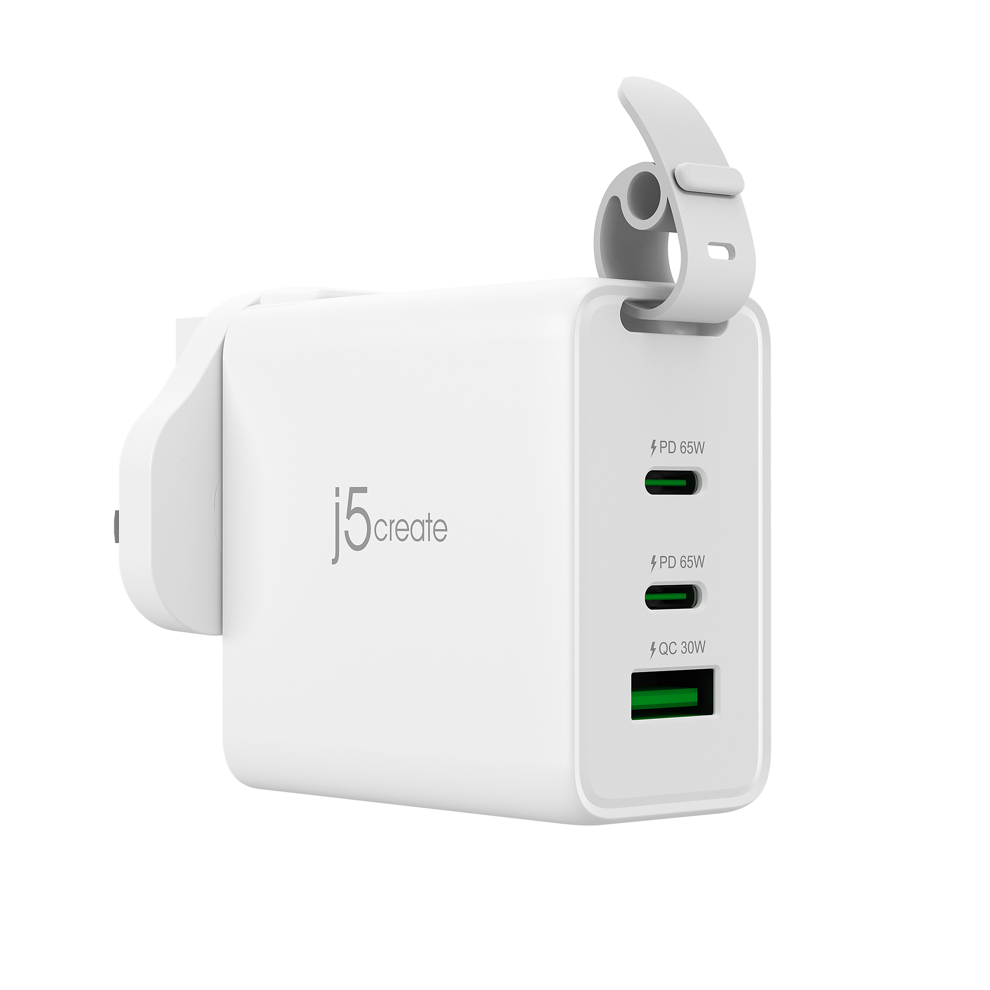 Un adaptador de corriente blanco con el logotipo de j5create. Tiene tres puertos con indicadores verdes para PD 65W y QC 30W.