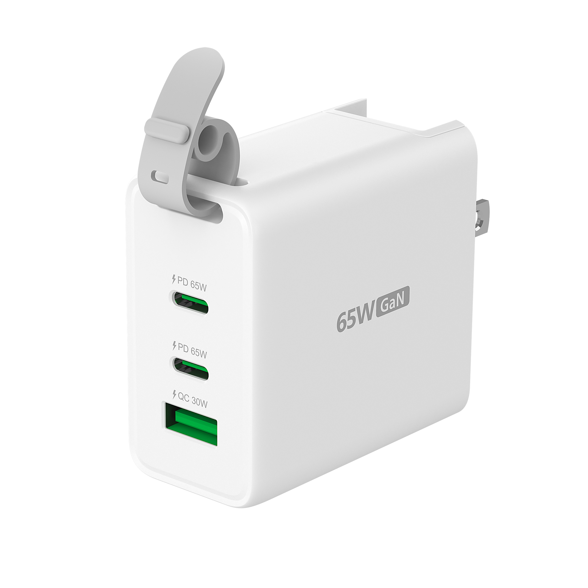 Un cargador GaN blanco de 65W con múltiples puertos. Incluye un clip gris. Los puertos incluyen PD 65W y QC 30W.