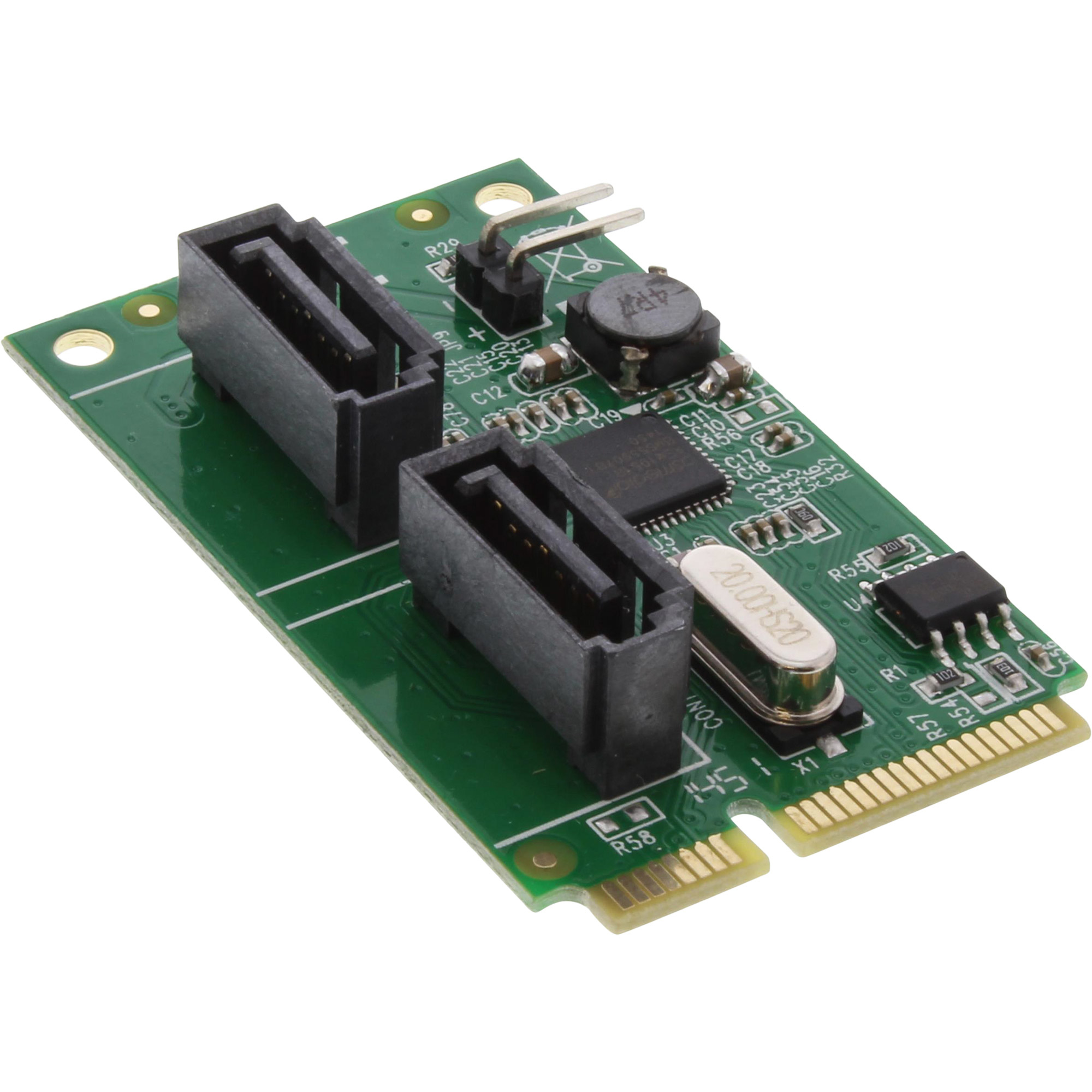 Eine grüne Platine mit schwarzen Anschlüssen, Chips und einem Quarzoszillator. Goldanschluss unten.