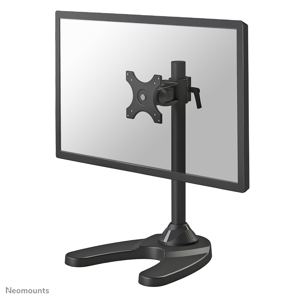 Un supporto per monitor nero con schermo. Il supporto ha una base, un palo verticale e un braccio che tiene lo schermo. Lo schermo è trasparente.