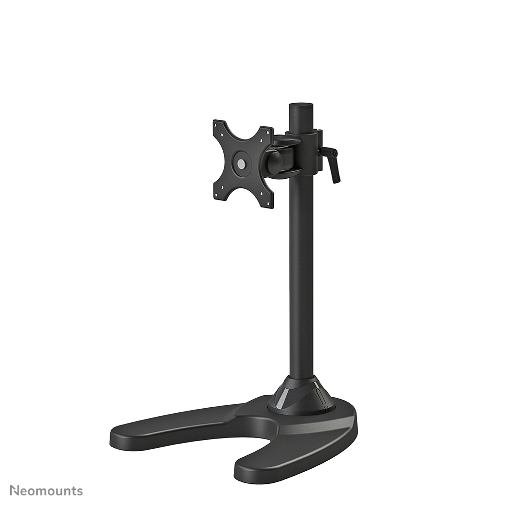 Un supporto nero per monitor con base, palo e staffa. Su sfondo bianco.
