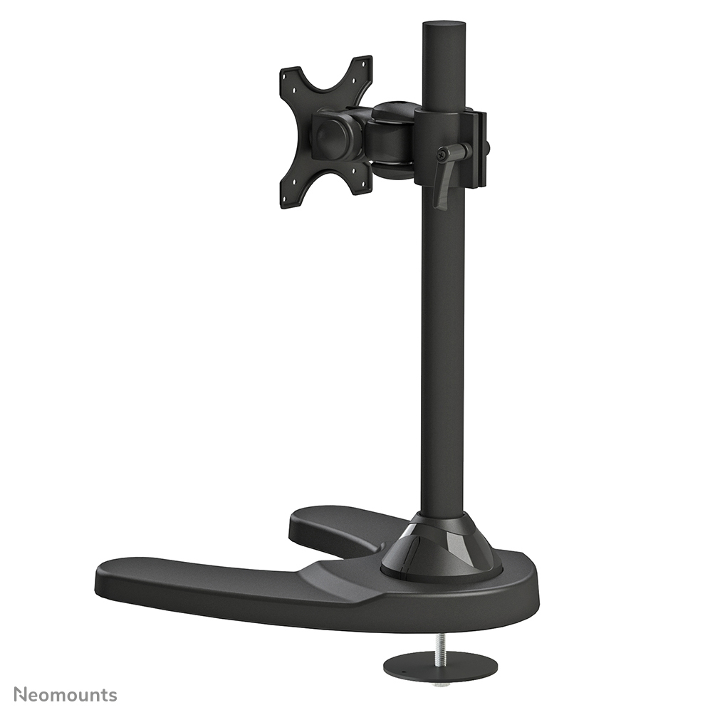 Un supporto nero per monitor. Ha una base, un palo verticale e un braccio per sostenere il monitor. Il supporto è su sfondo bianco.